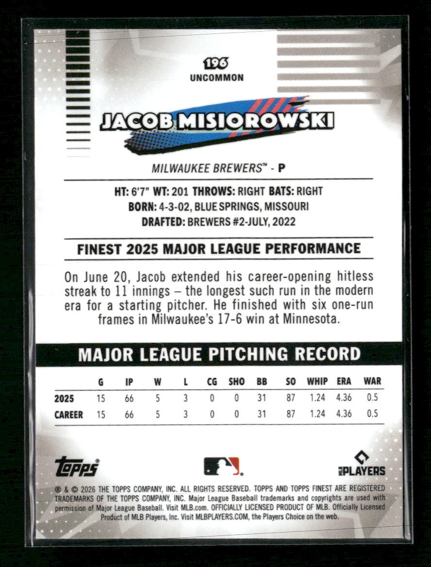 2026 Finest Jacob Misiorowski Rookie #196