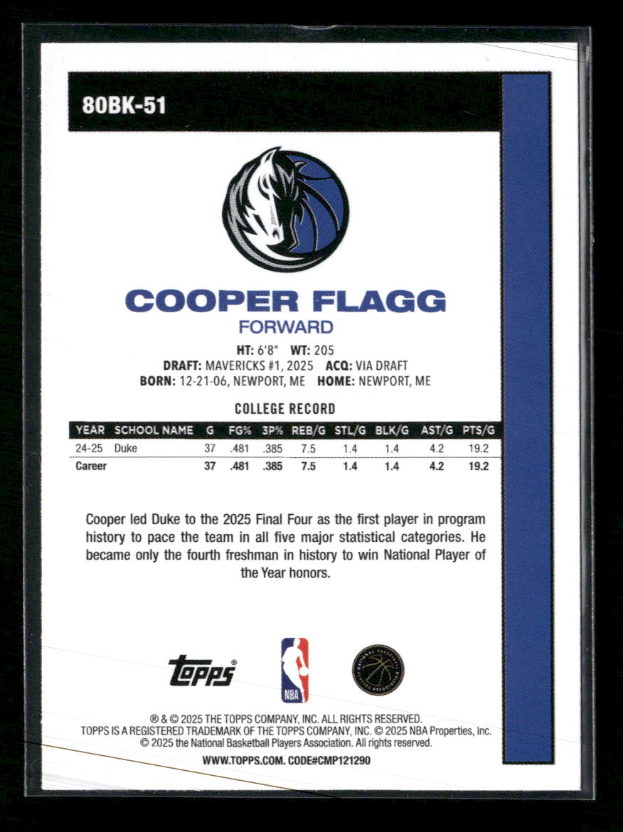 2025-26 Topps 1980-81 Topps Basketball Cooper Flagg #80BK-51