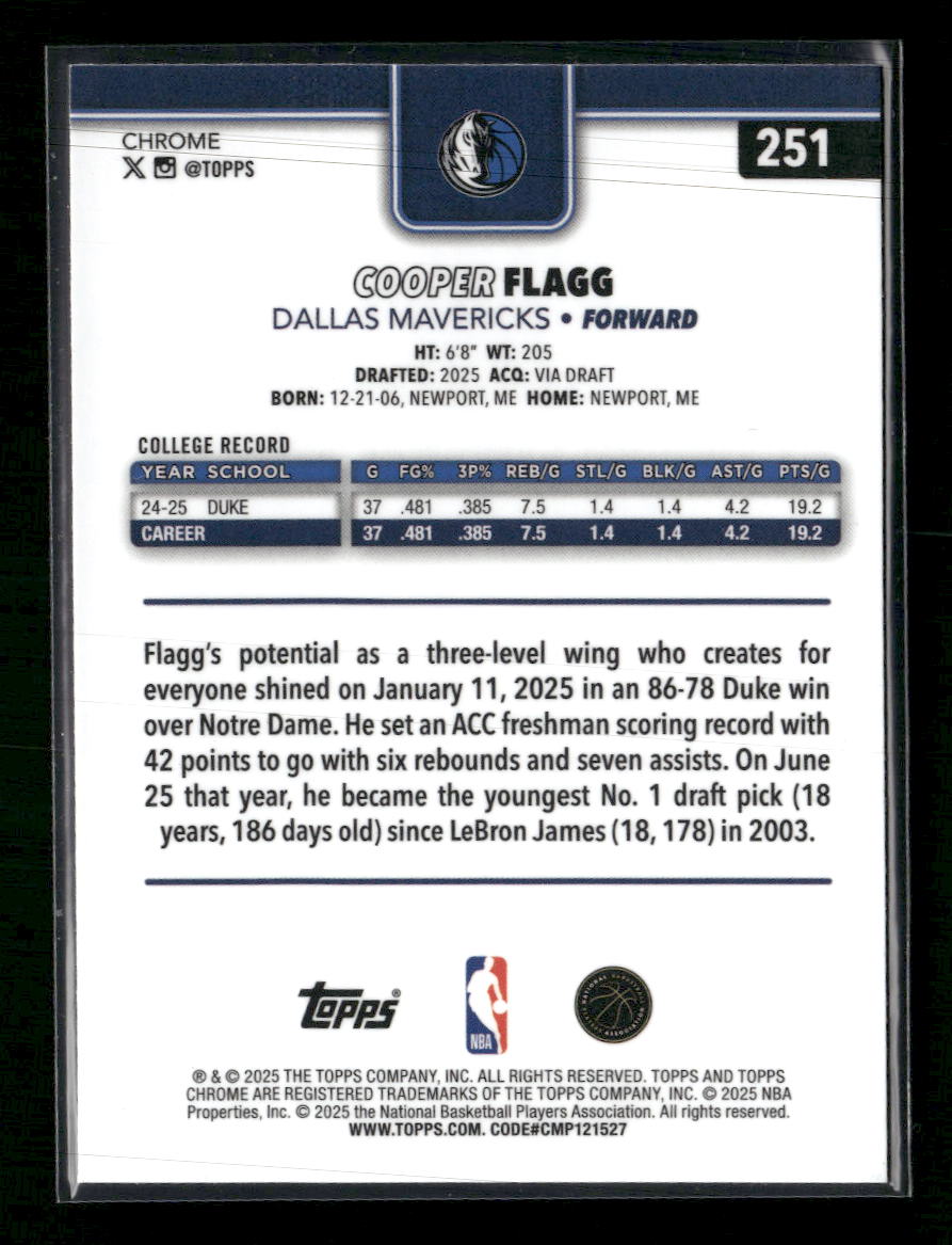 2025-26 Topps Chrome Cooper Flagg Rookie #251