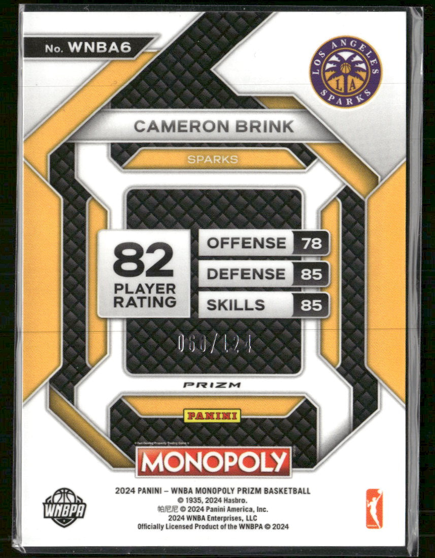 2024 Panini Prizm Monopoly WNBA Orange Prizms Cameron Brink Rookie #/124 #39