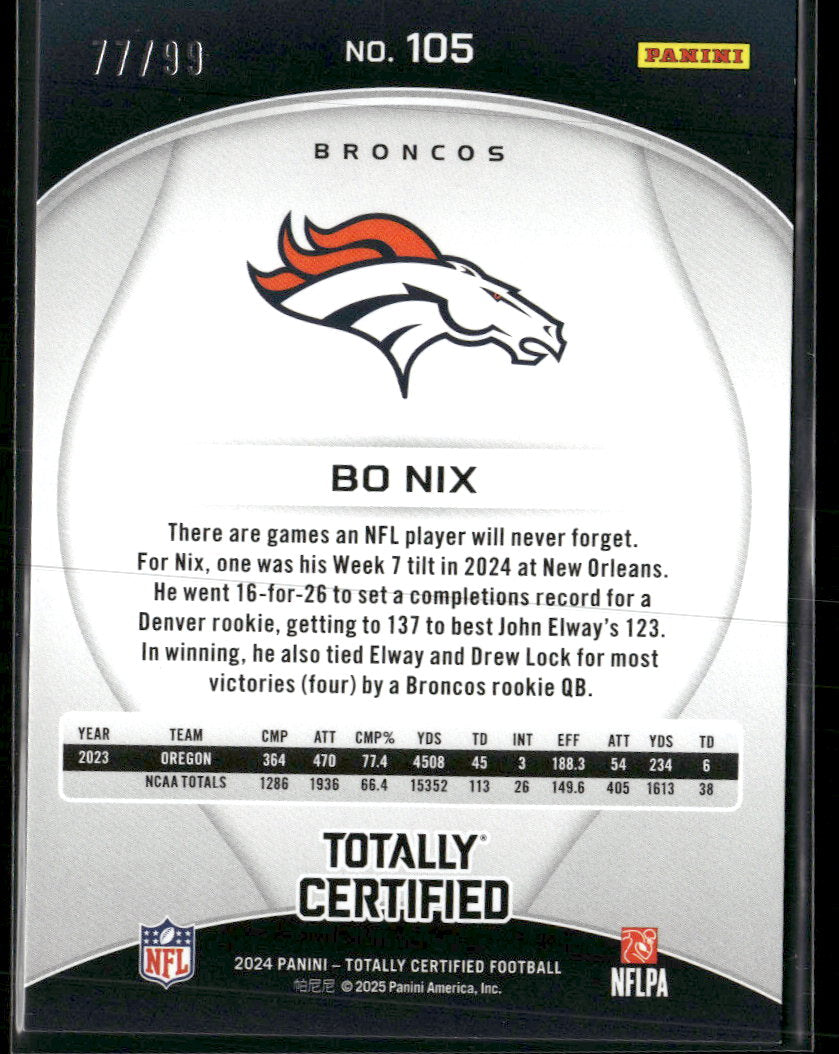 2024 Panini Totally Certified Mirror Neon Green Bo Nix Rookie #/99 #105