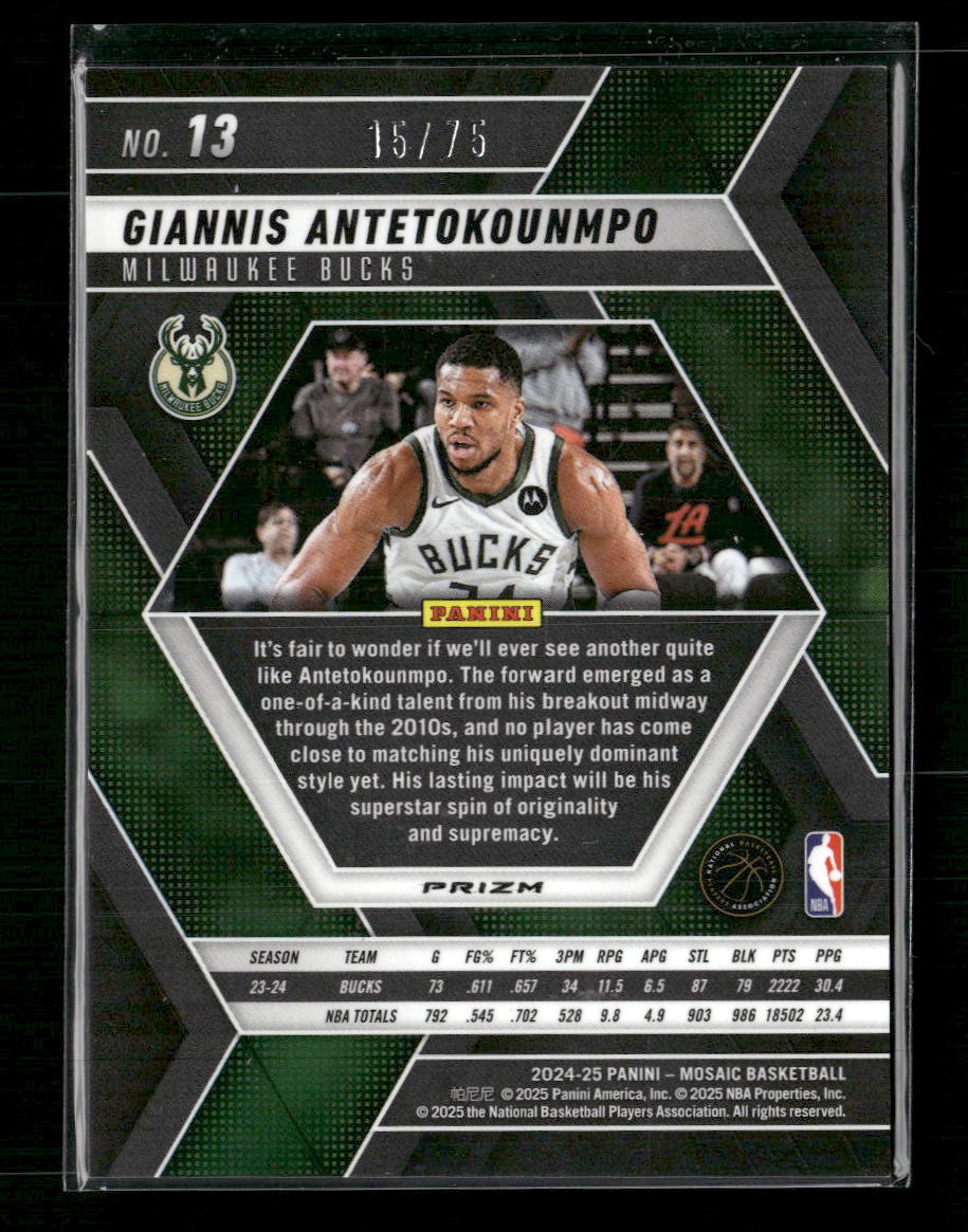 2024-25 Panini Mosaic Blue Fluorescent Mosaic Giannis Antetokounmpo #/75 #13