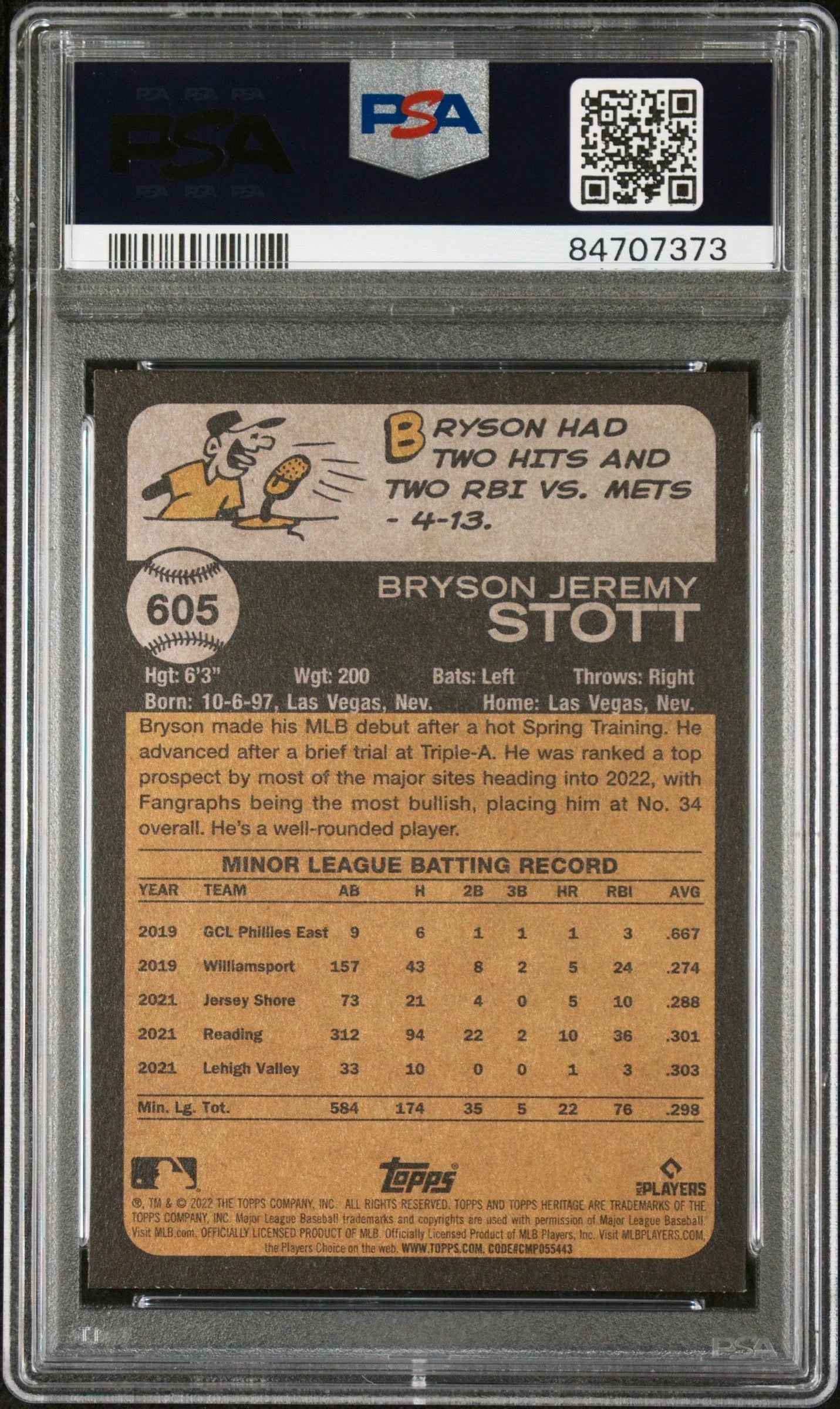 2022 TOPPS HERITAGE BRYSON STOTT #605 - PSA 10 ROOKIE CARD