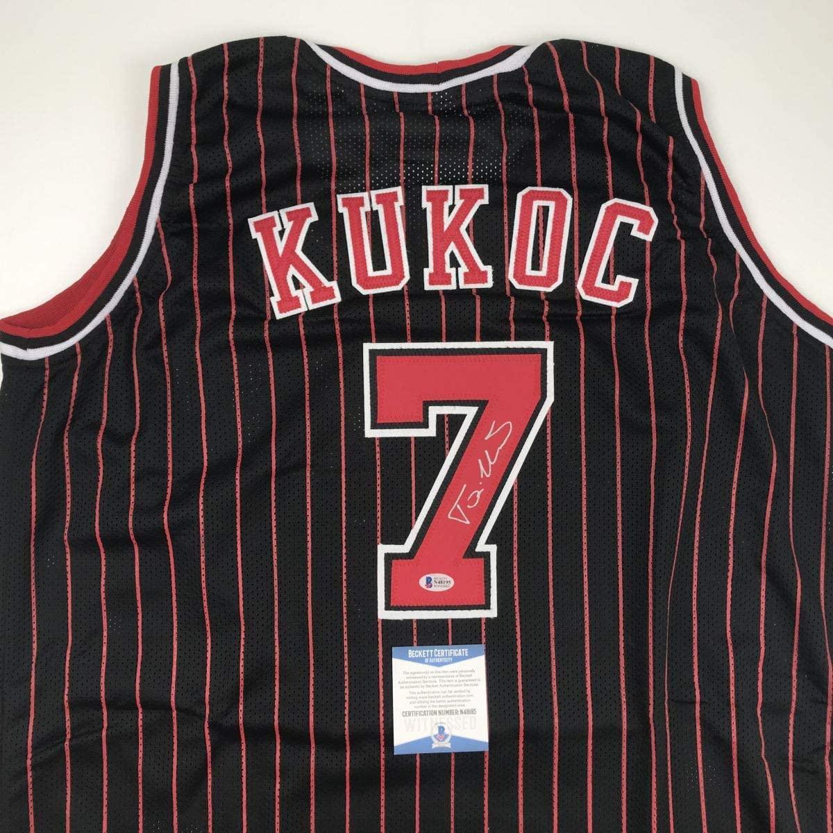 Autographed/Signed Toni Kukoc Chicago Black Pinstripe Basketball Jersey Beckett BAS COA