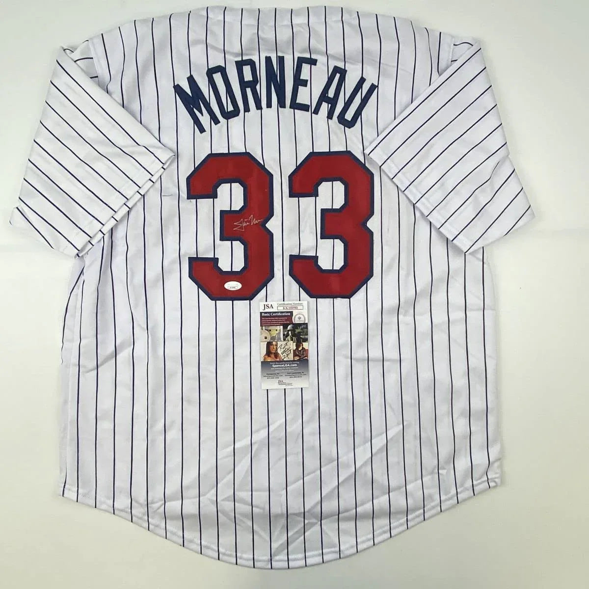 Autographed/Signed Justin Morneau Minnesota Pinstripe Baseball Jersey JSA COA