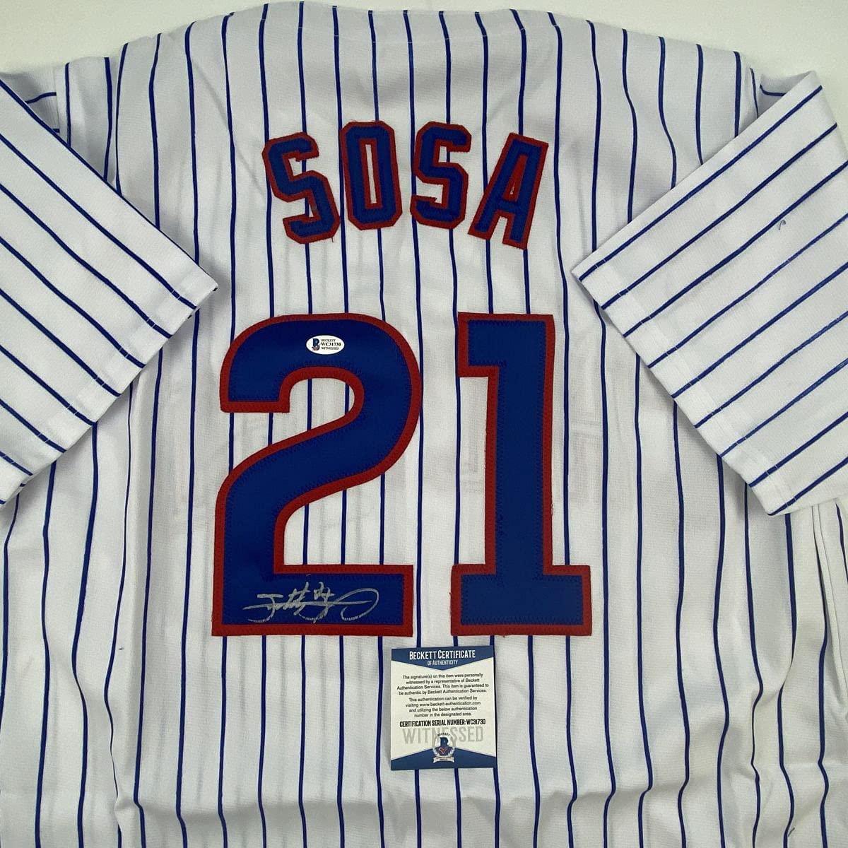 Autographed/Signed Sammy Sosa Chicago Pinstripe Baseball Jersey Beckett BAS COA