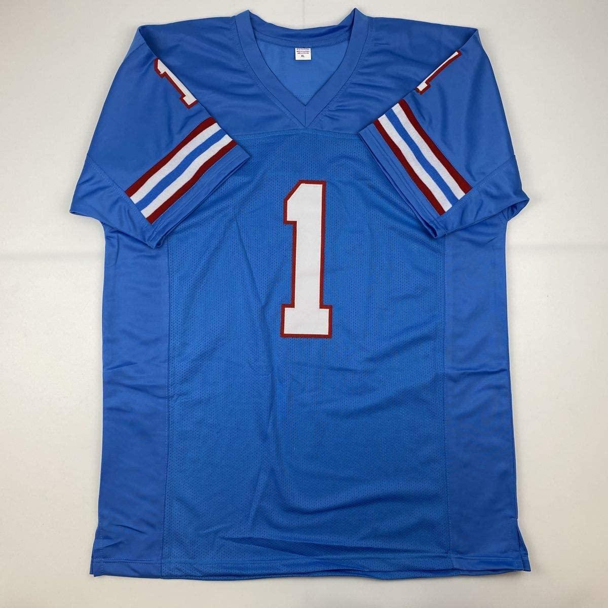 Autographed/Signed Warren Moon HOF 06 Houston Blue Football Jersey JSA COA