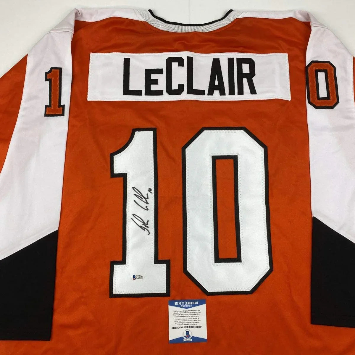 Autographed/Signed John LeClair Philadelphia Orange Hockey Jersey Beckett BAS COA