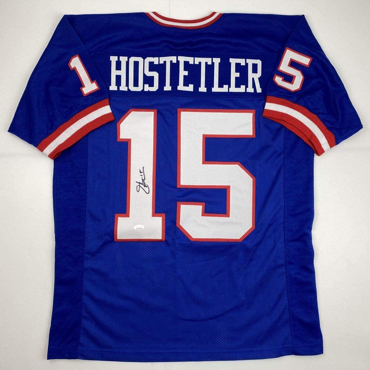 Autographed/Signed Jeff Hostetler New York Blue Football Jersey JSA COA