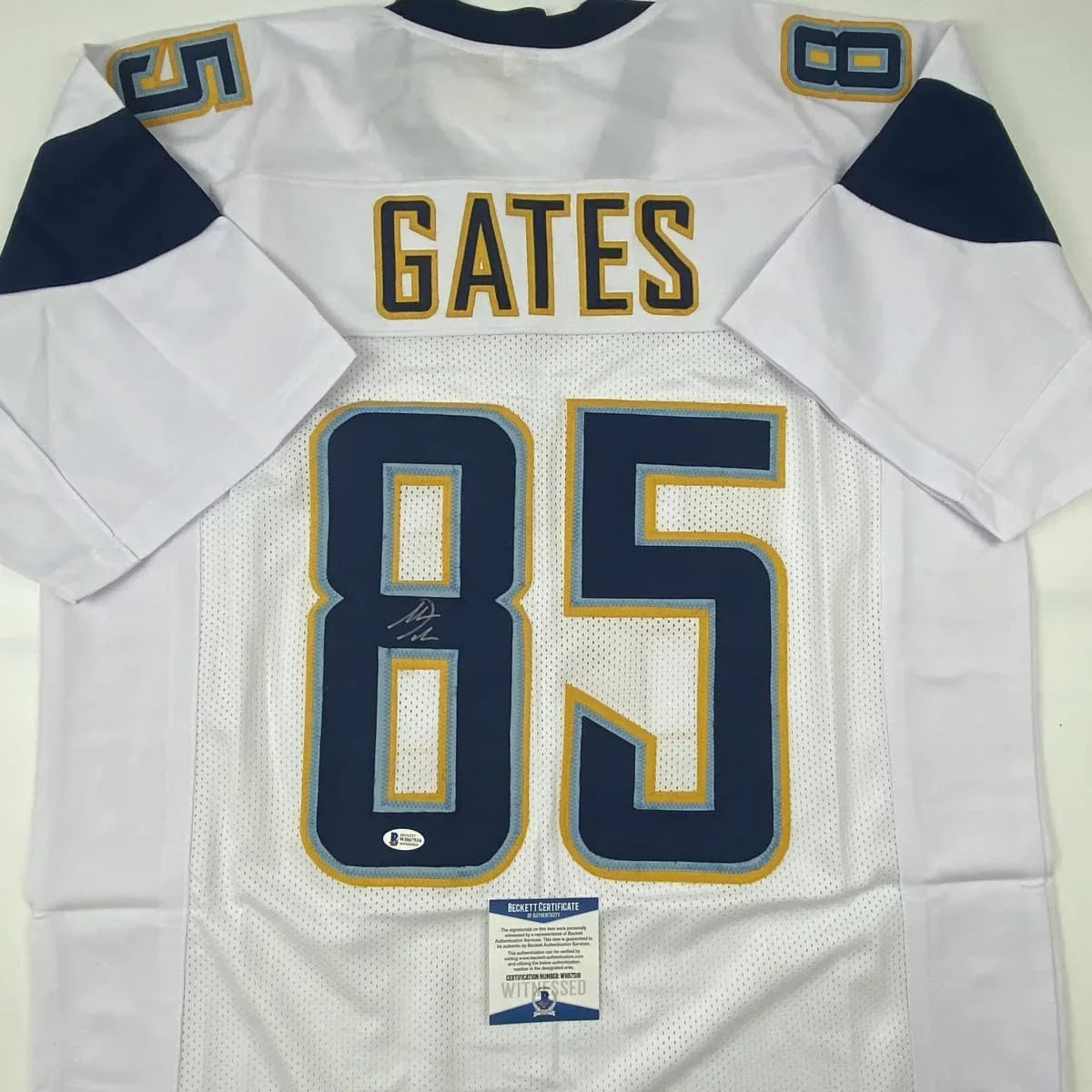Autographed/Signed Antonio Gates Los Angeles LA White Football Jersey Beckett BAS COA
