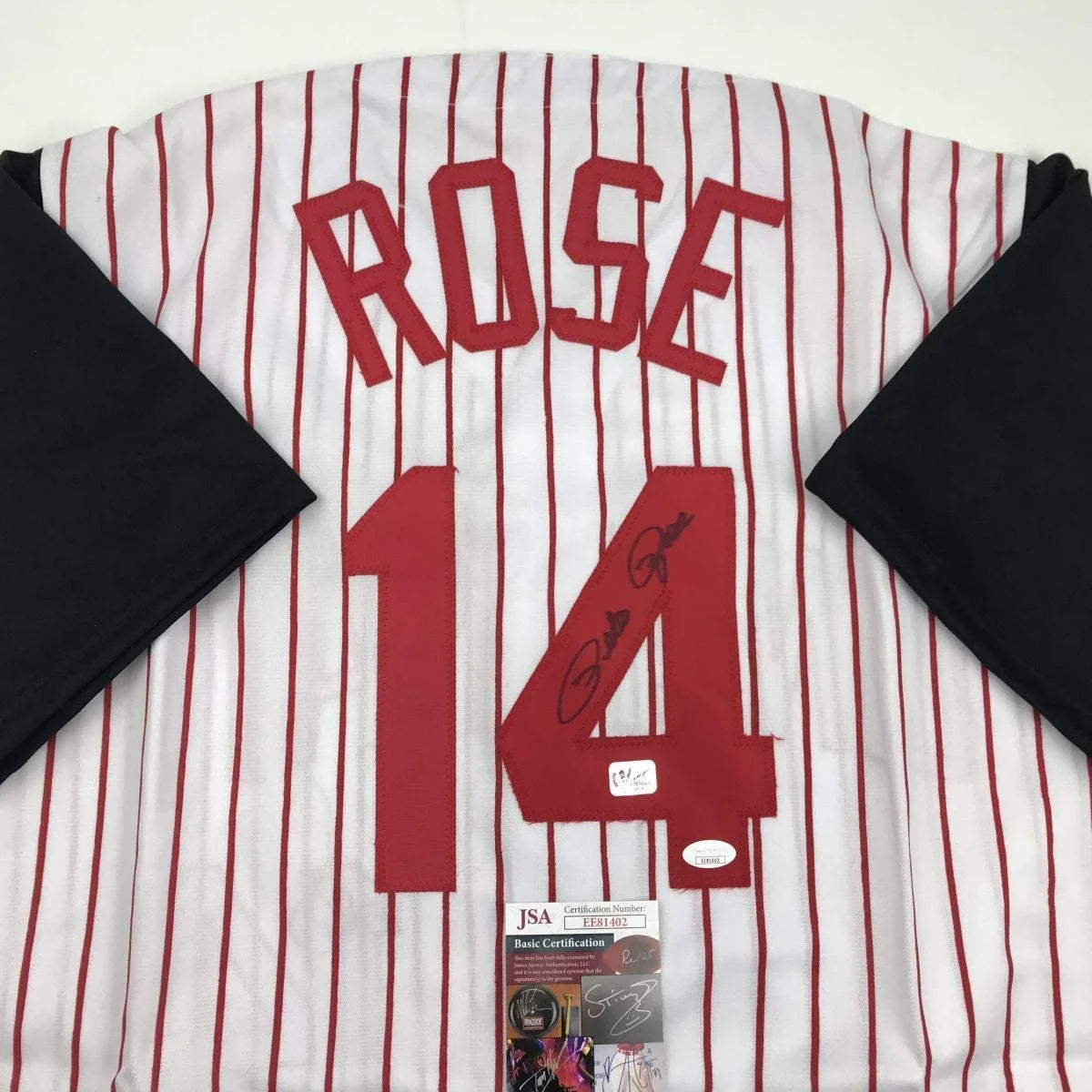 Autographed/Signed Pete Rose Cincinnati Pinstripe Baseball Jersey JSA COA