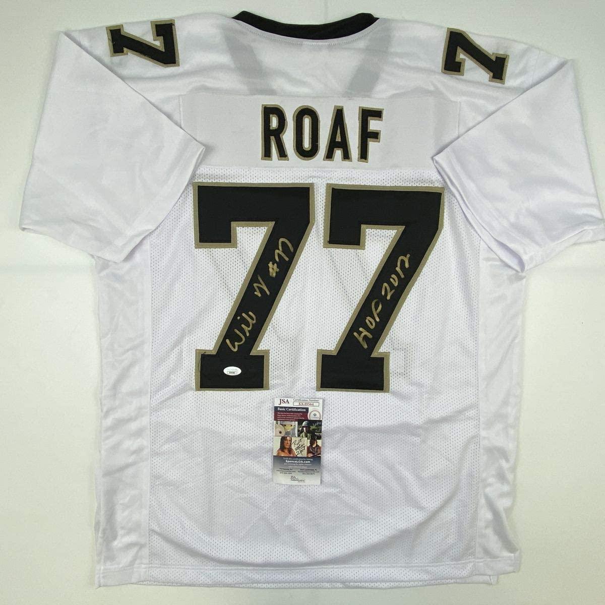 Autographed/Signed Willie Roaf HOF 2012 New Orleans White Football Jersey JSA COA