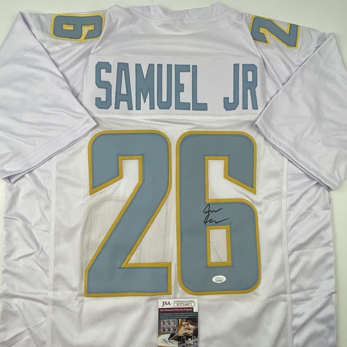 Autographed/Signed Asante Samuel Jr. Los Angeles LA White Football Jersey JSA COA