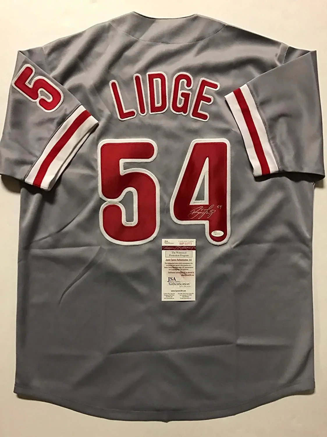 Autographed/Signed Brad Lidge Philadelphia Grey Baseball Jersey JSA COA