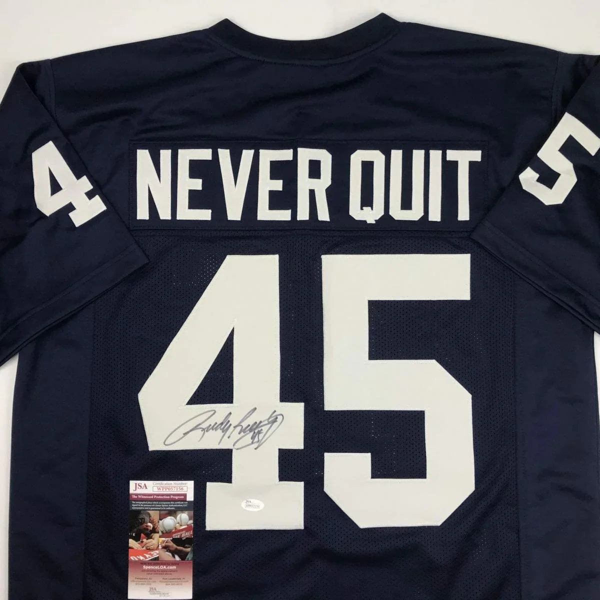 Autographed/Signed Rudy Ruettiger Never Quit Notre Dame Blue College Football Jersey JSA COA