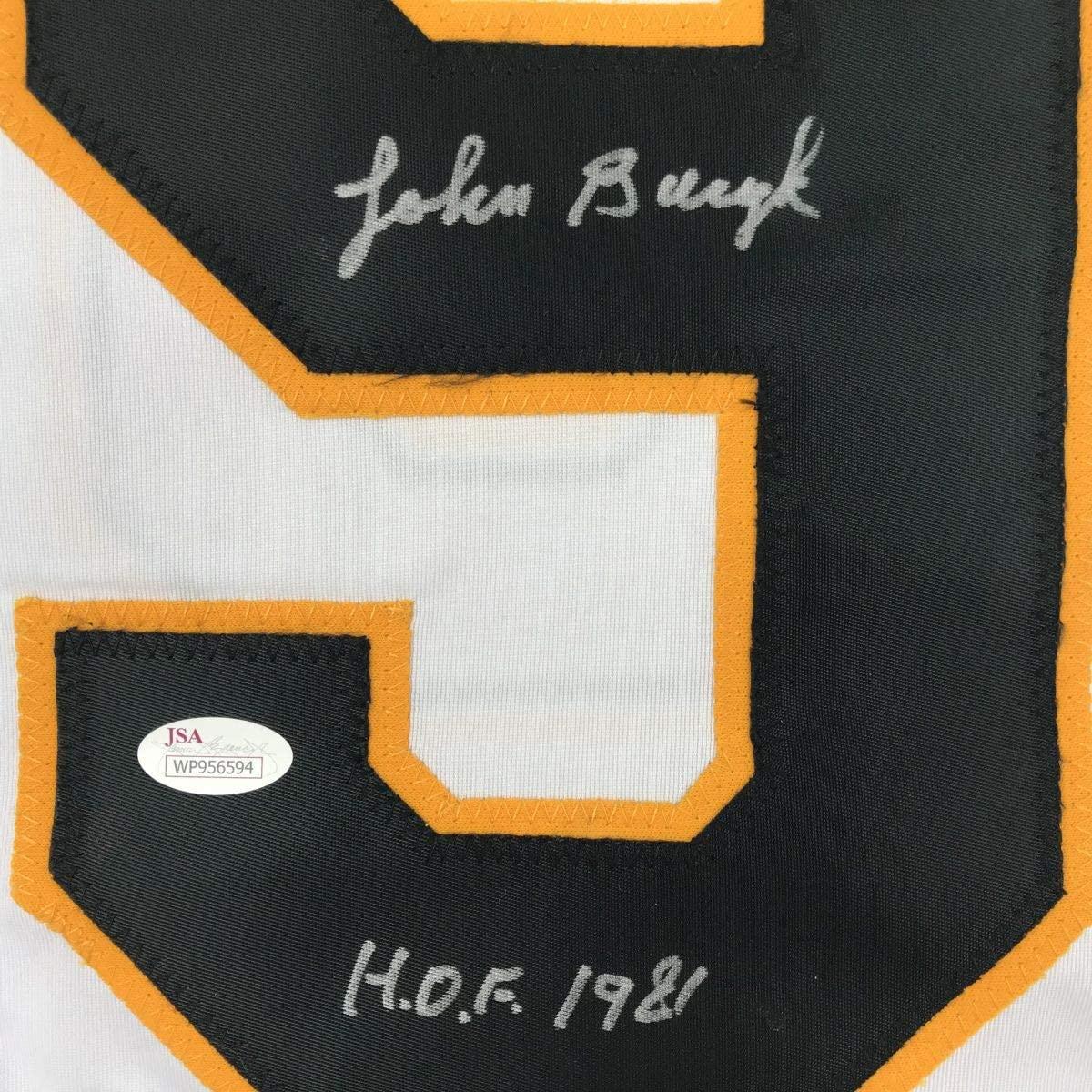 Autographed/Signed Johnny John Bucyk HOF 1981 Boston White Hockey Jersey JSA COA
