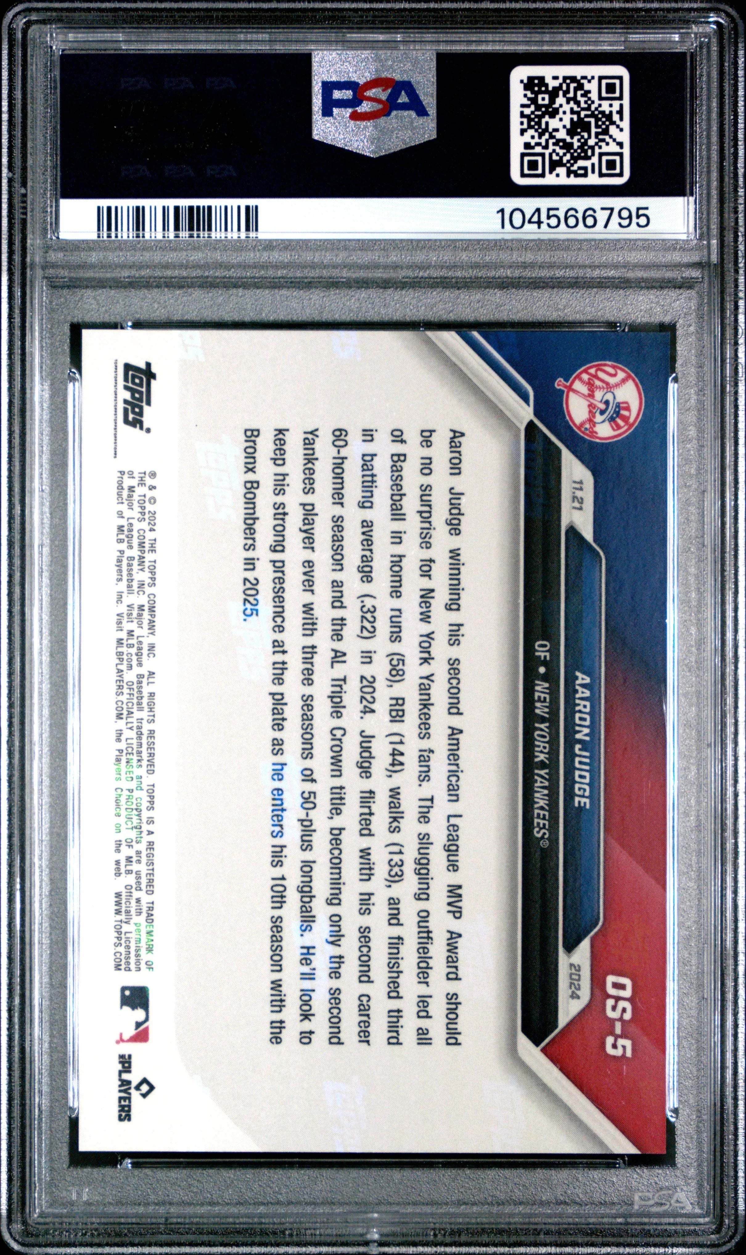 Graded 2024 Topps Now Aaron Judge #OS5 Offseason Baseball Card PSA 10 Gem Mint