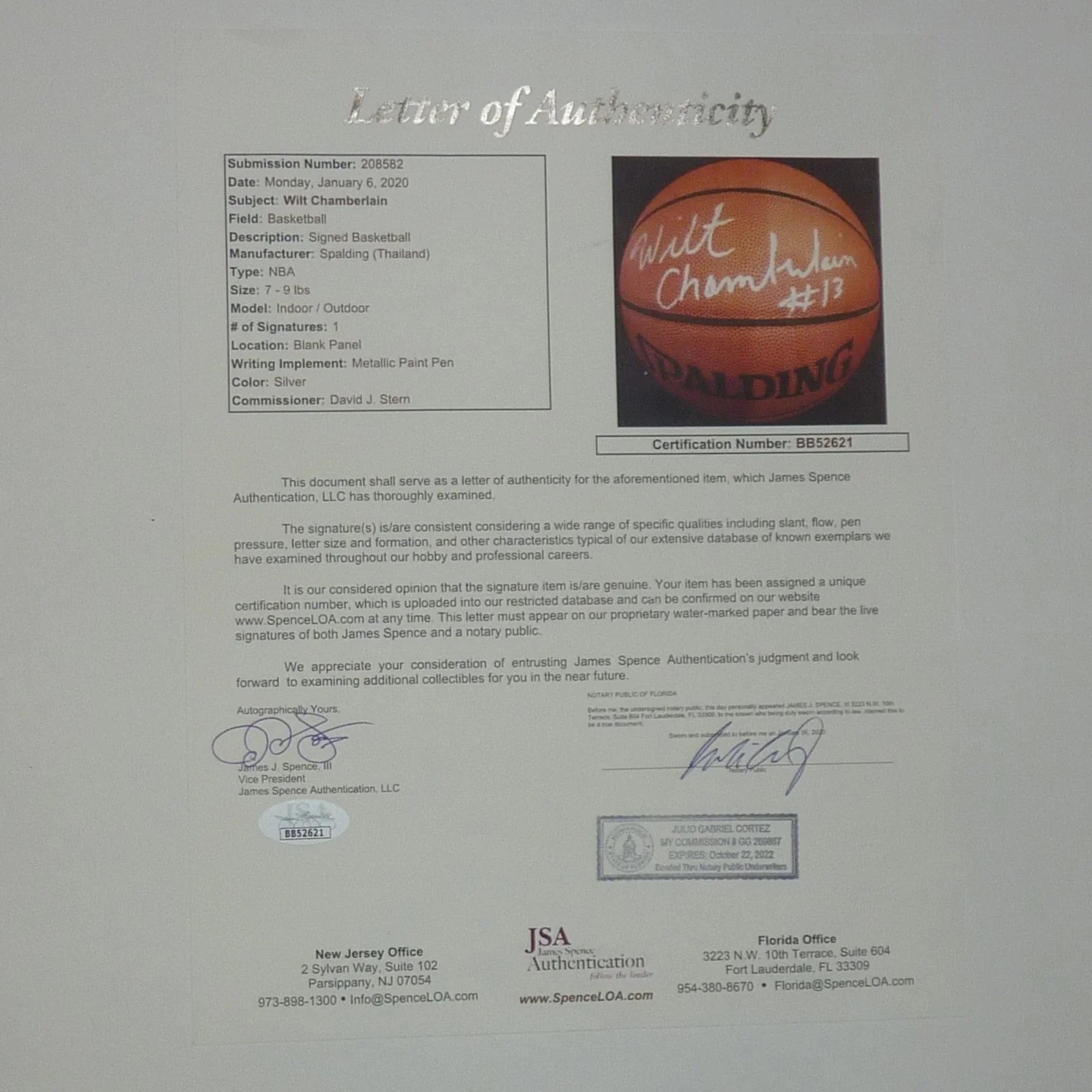 Wilt Chamberlain Autographed NBA Basketball - JSA Letter