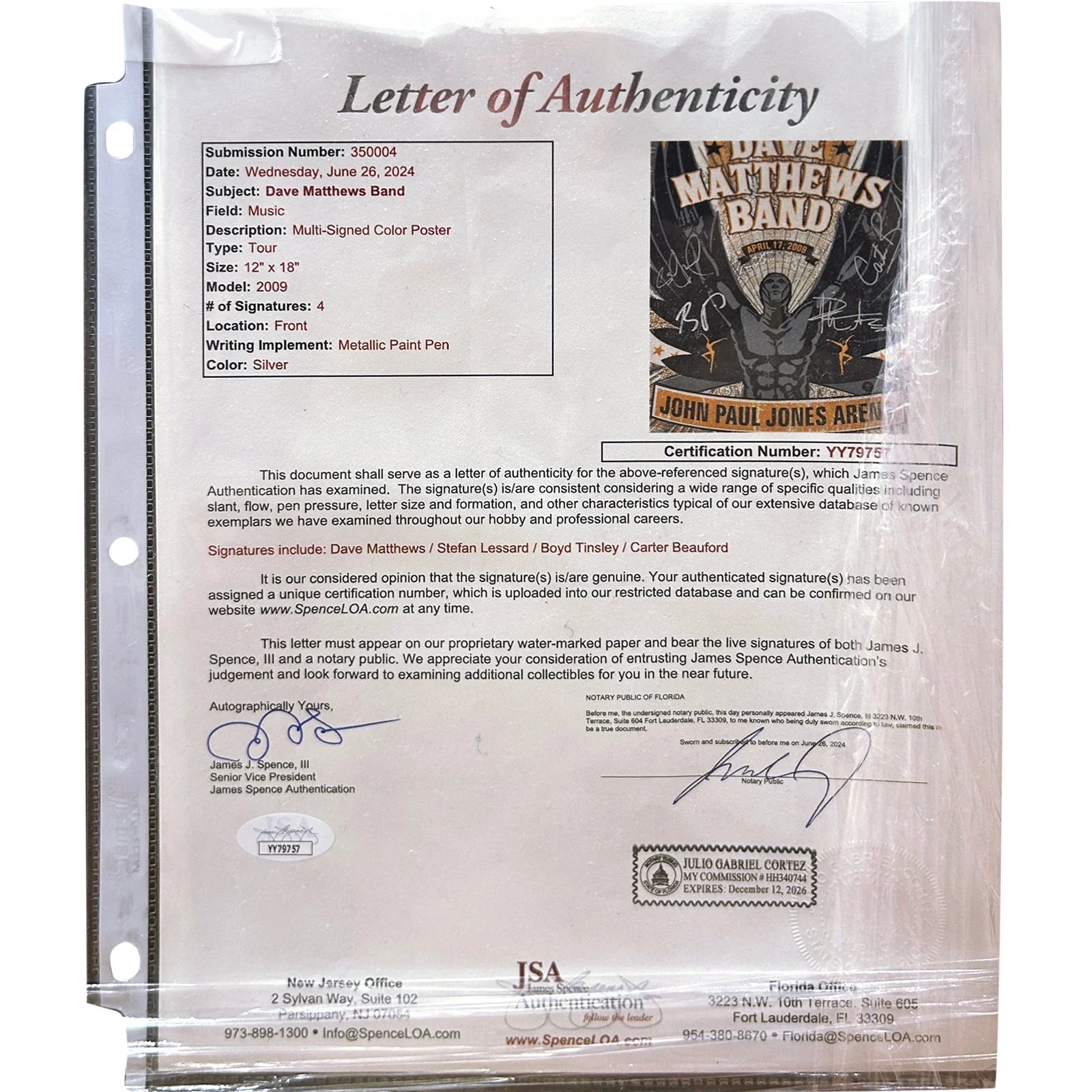 Dave Matthews Band Autographed Music Poster Deluxe Framed and signed by the Band - JSA Letter