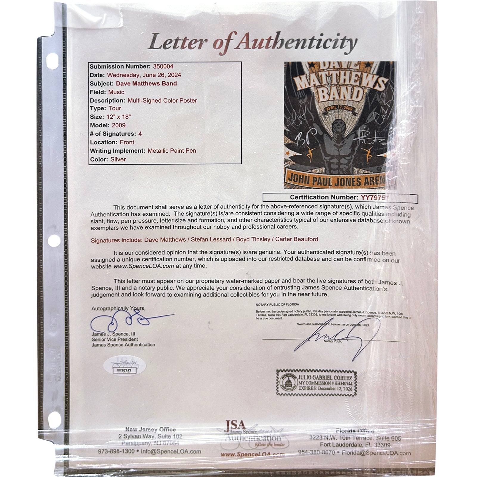 Dave Matthews Band Autographed Music Poster Deluxe Framed and signed by the Band - JSA Letter