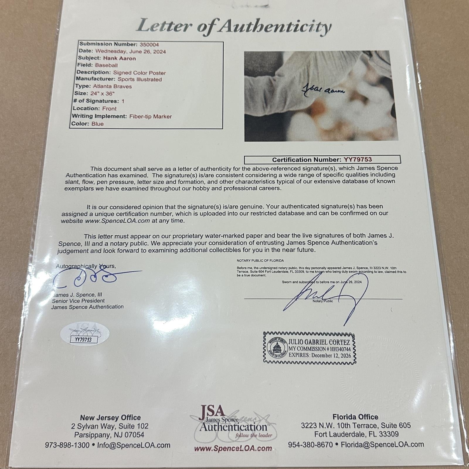 Hank Aaron Autographed Atlanta Braves 1968 Vintage SI Deluxe Framed Large Poster - JSA Letter