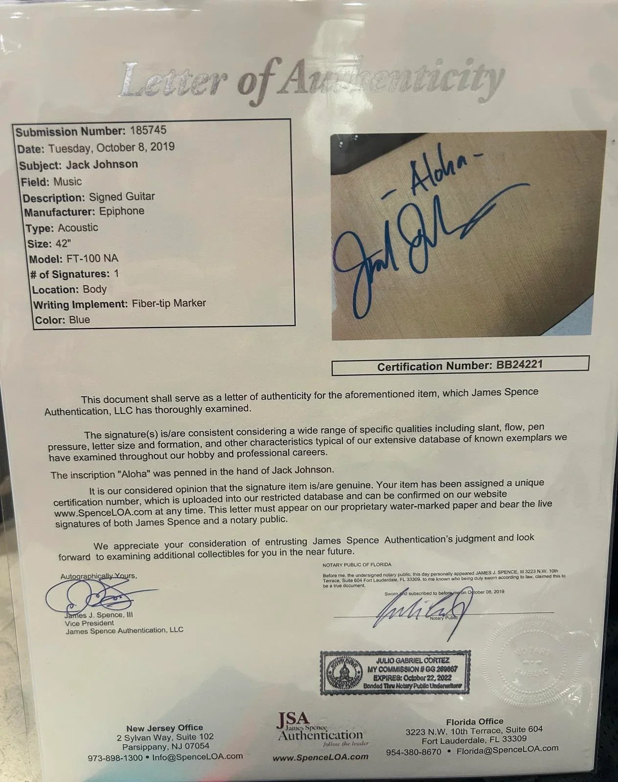 Jack Johnson Autographed Acoustic Guitar on body - JSA