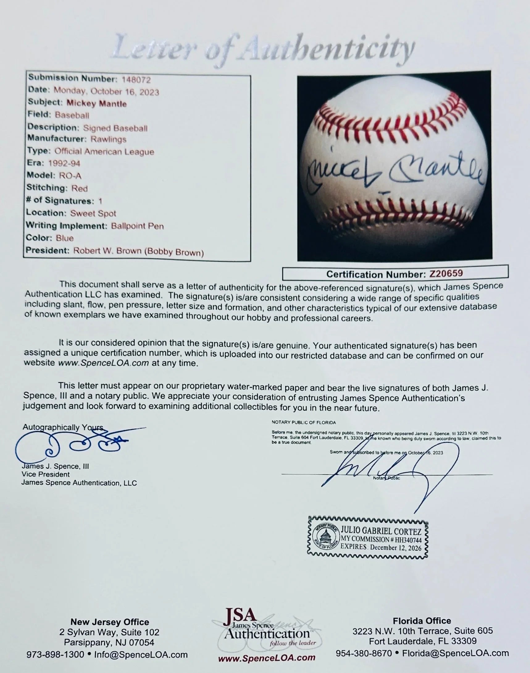 Mickey Mantle Autographed Official AL Baseball - JSA