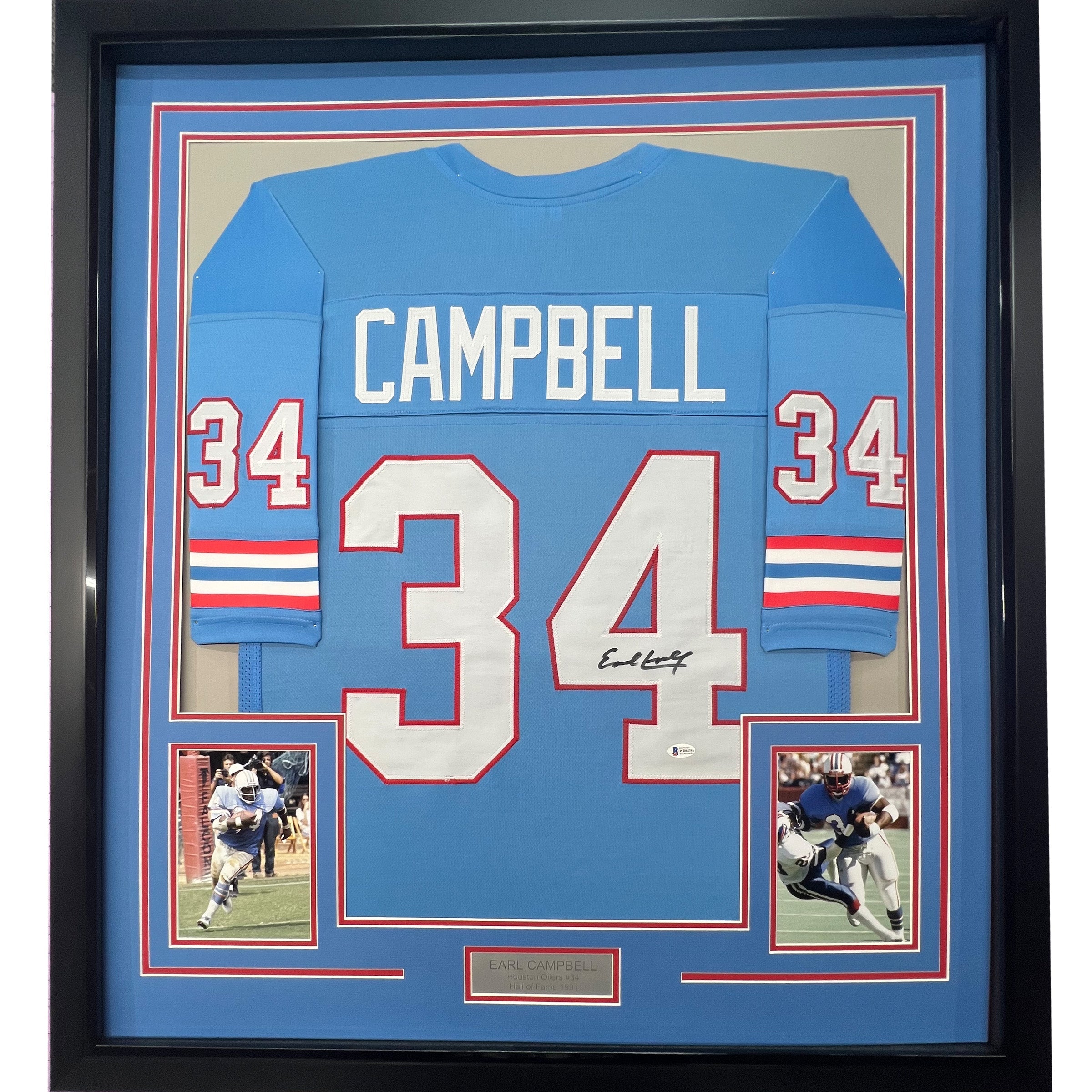 Framed Autographed/Signed Earl Campbell 35x39 Houston Blue Football Jersey JSA COA