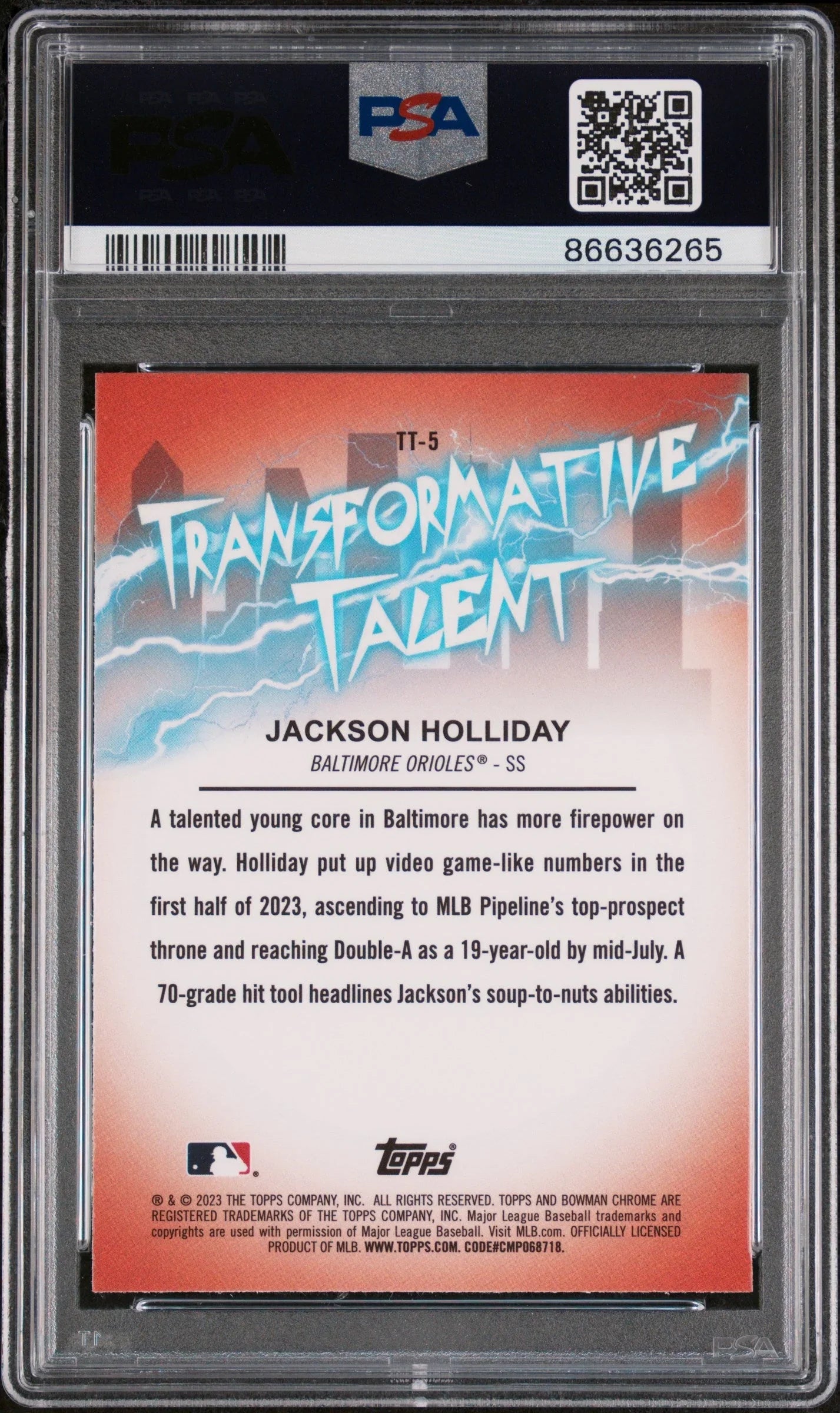 2023 BOWMAN DRAFT TRANSFORMATIVE TALENT JACKSON HOLLIDAY #TT5 - PSA 9 ROOKIE CARD