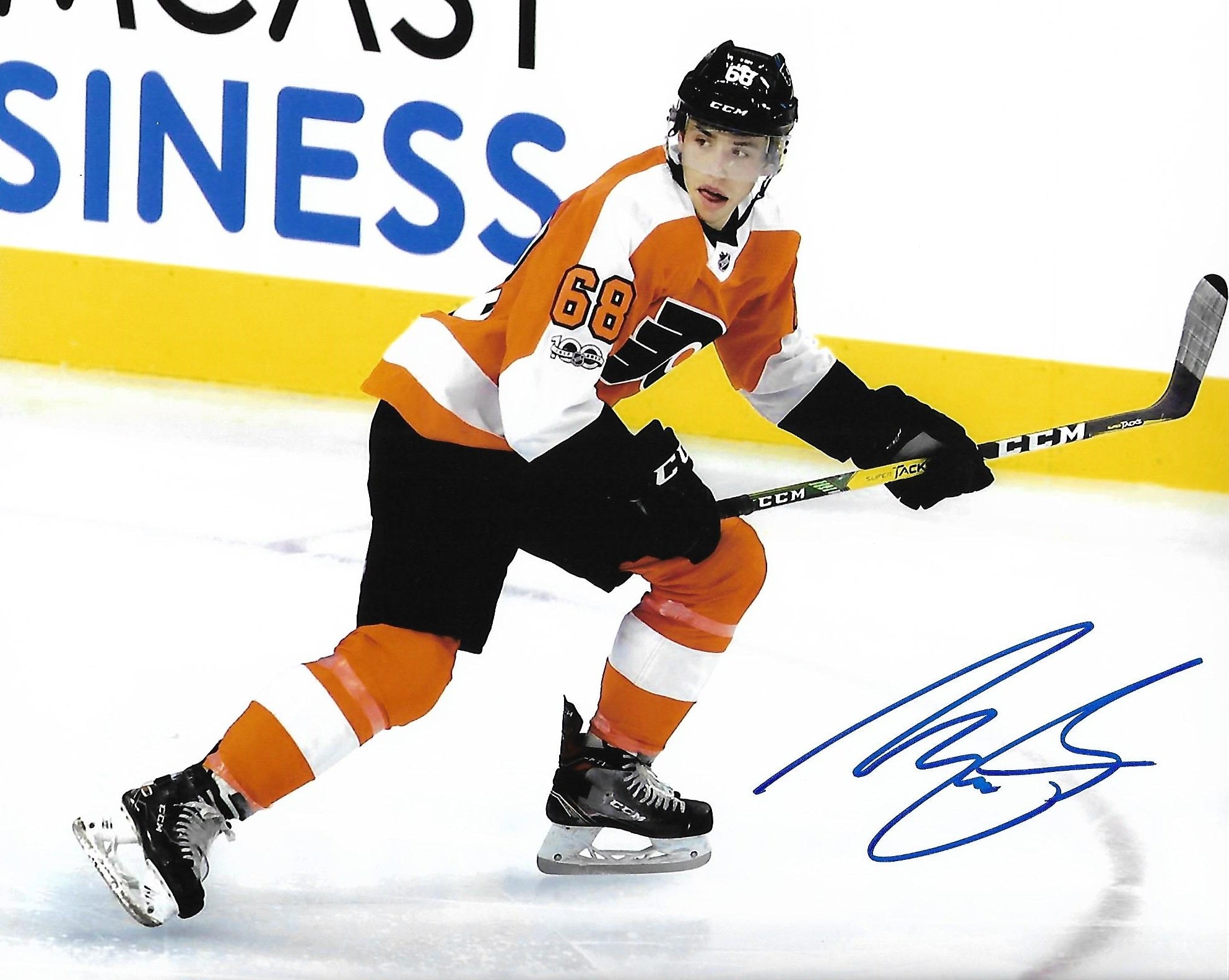 Morgan Frost in Action Autographed Philadelphia Flyers Hockey Photo