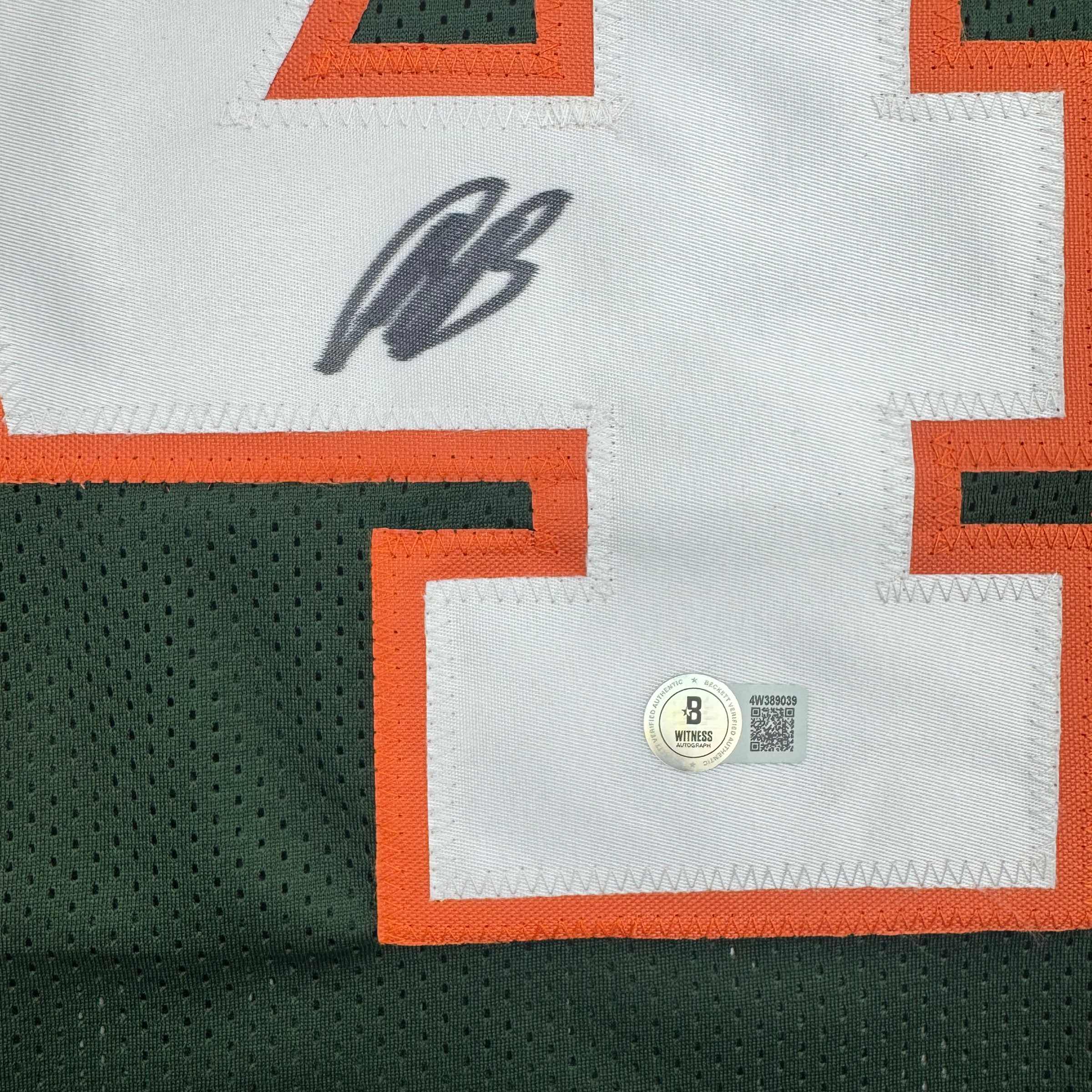 Autographed/Signed Rueben Bain Jr. Miami Green College Football Jersey Beckett BAS COA