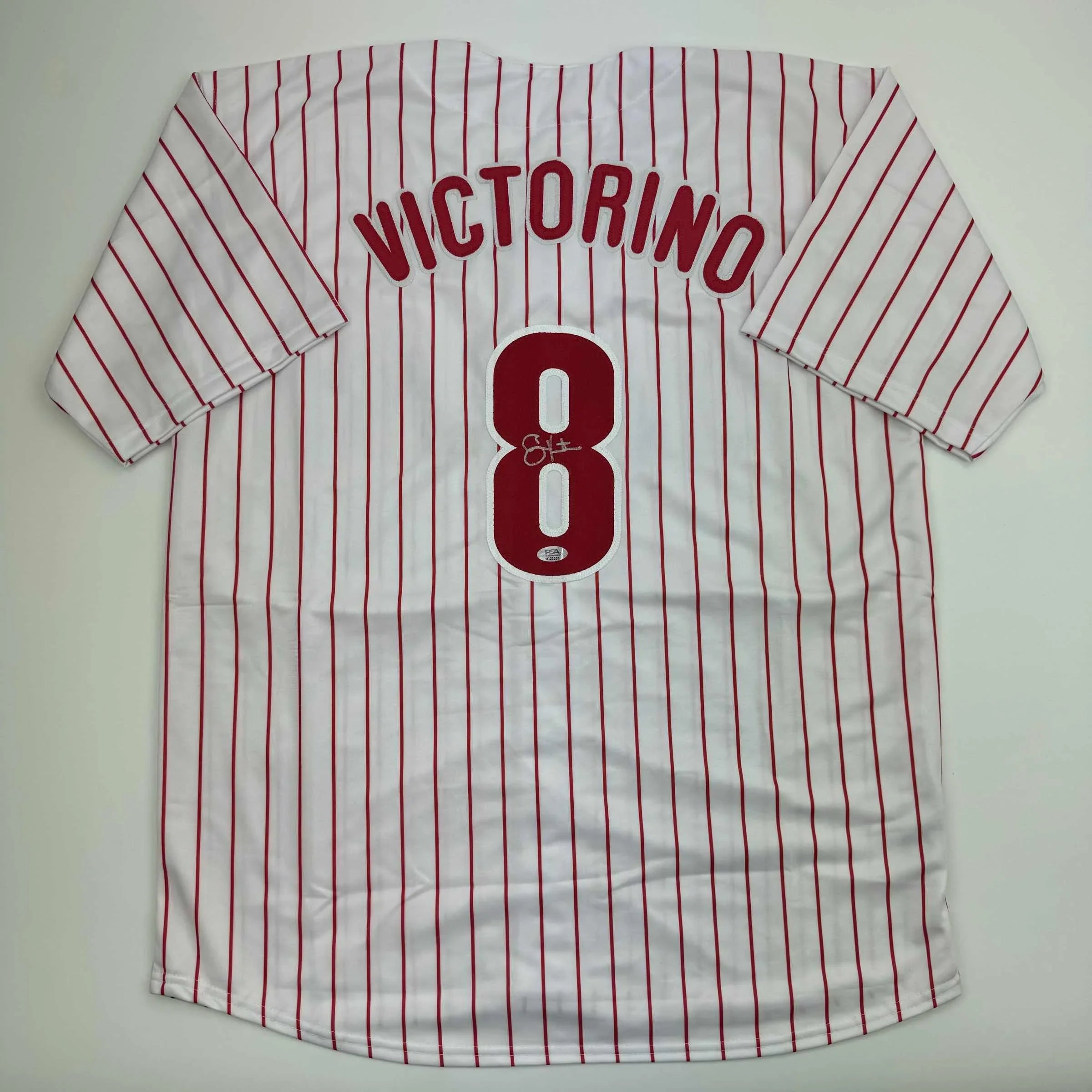 Autographed/Signed Shane Victorino Philadelphia Pinstripe Baseball Jersey PSA COA