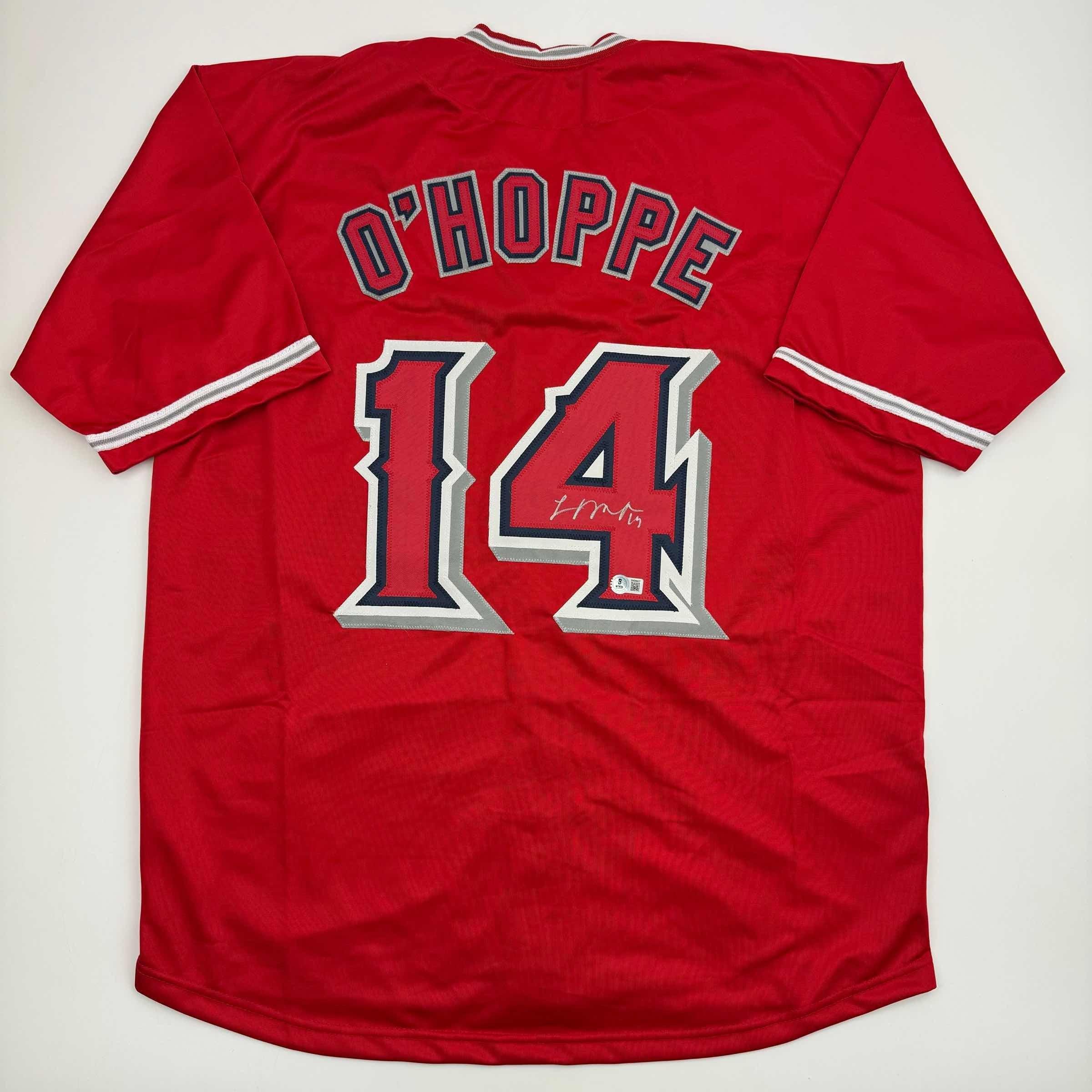 Autographed/Signed Logan O'Hoppe Los Angeles LA Anaheim Red Baseball Jersey Beckett BAS COA