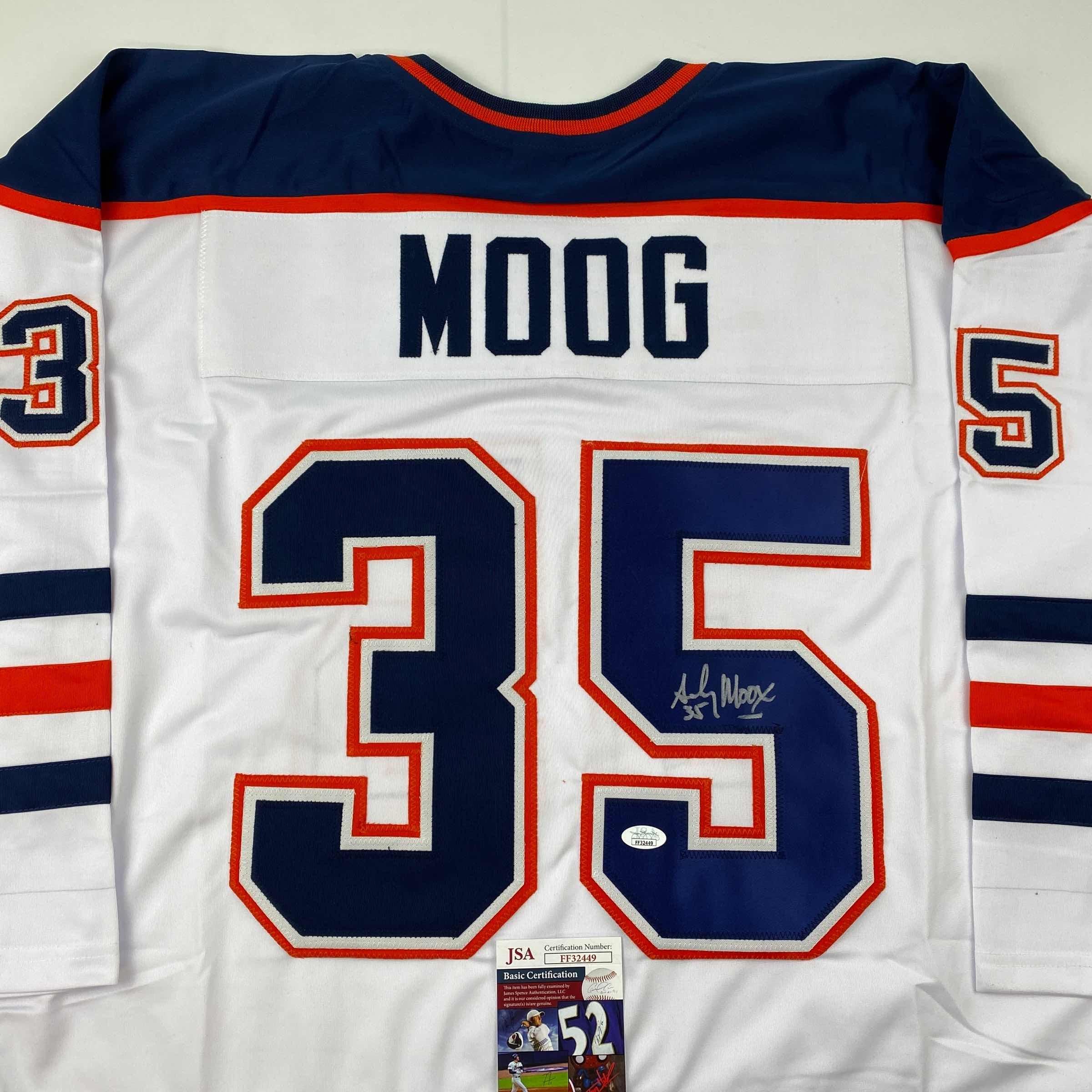 Autographed/Signed Andy Moog Edmonton White Hockey Jersey JSA COA