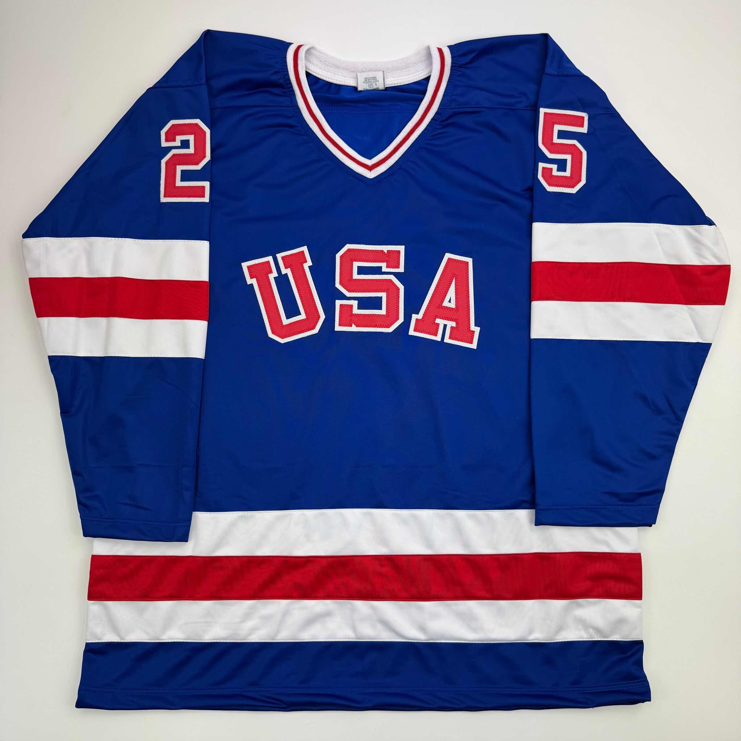 Autographed/Signed Buzz Schneider Blue Team USA Miracle On Ice 1980 Olympics Hockey Jersey Beckett BAS COA