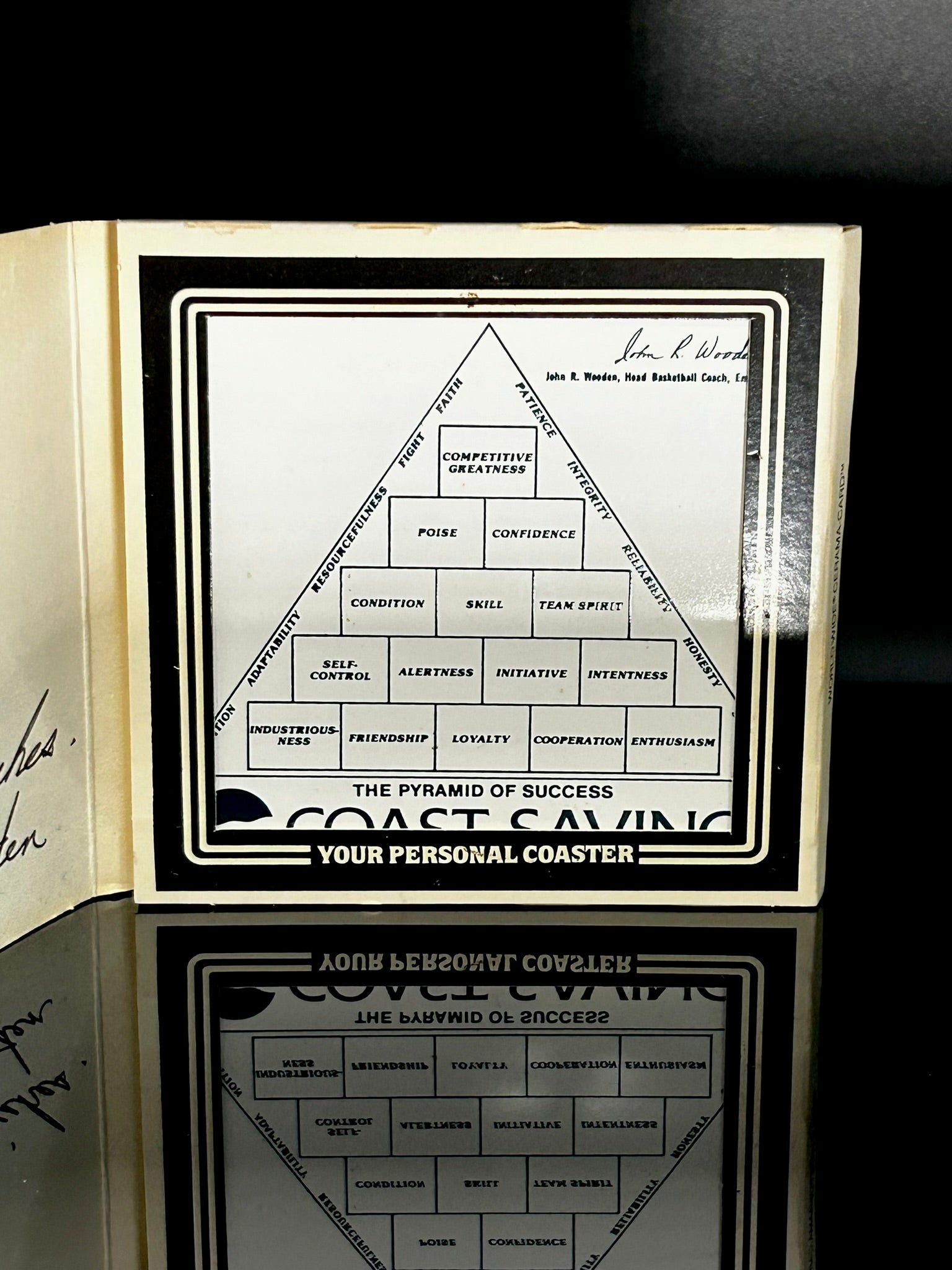 John Wooden Signed Ceramic Tile – Coast Savings "Pyramid of Success" – Authentic Autograph