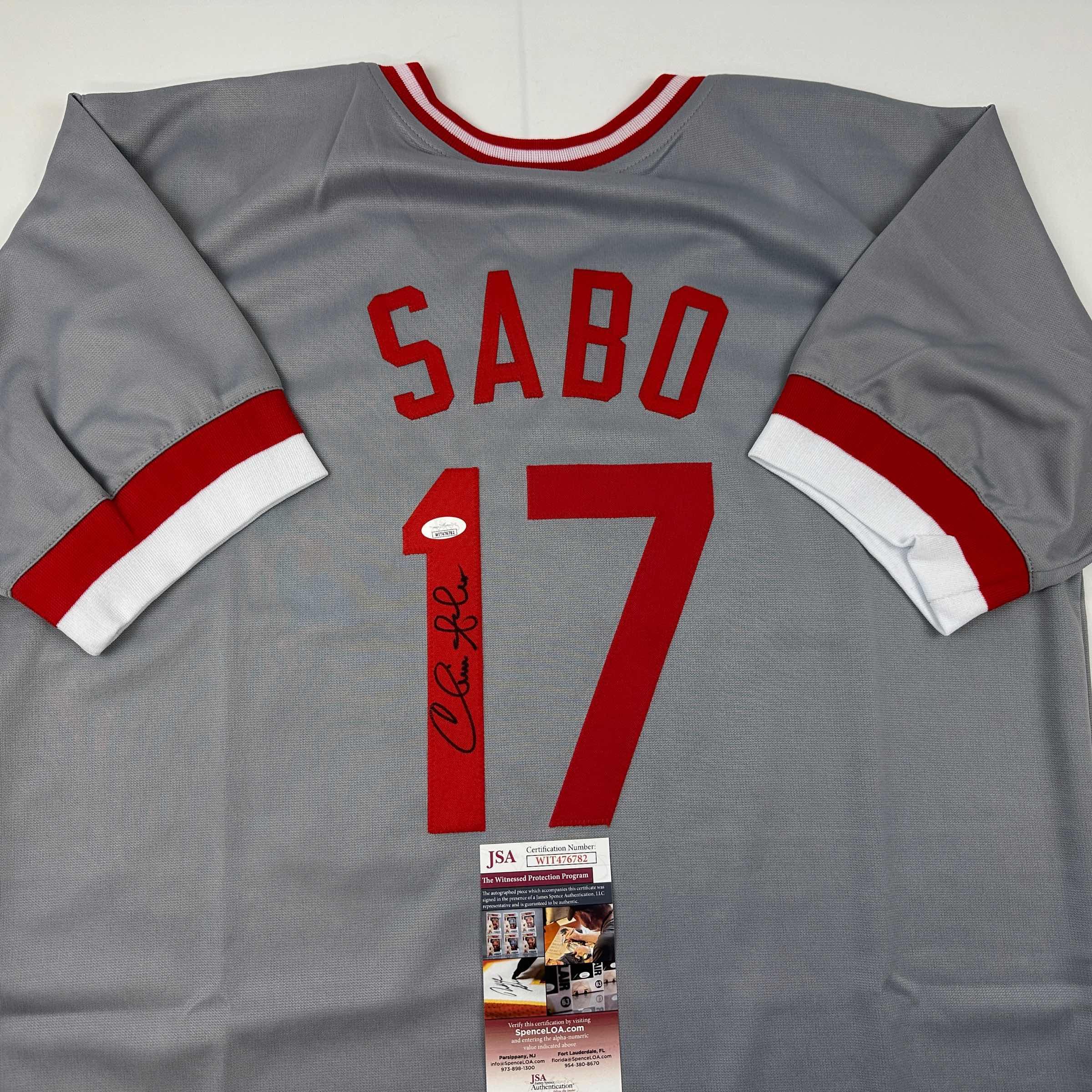Autographed/Signed Chris Sabo Cincinnati Grey Baseball Jersey JSA COA