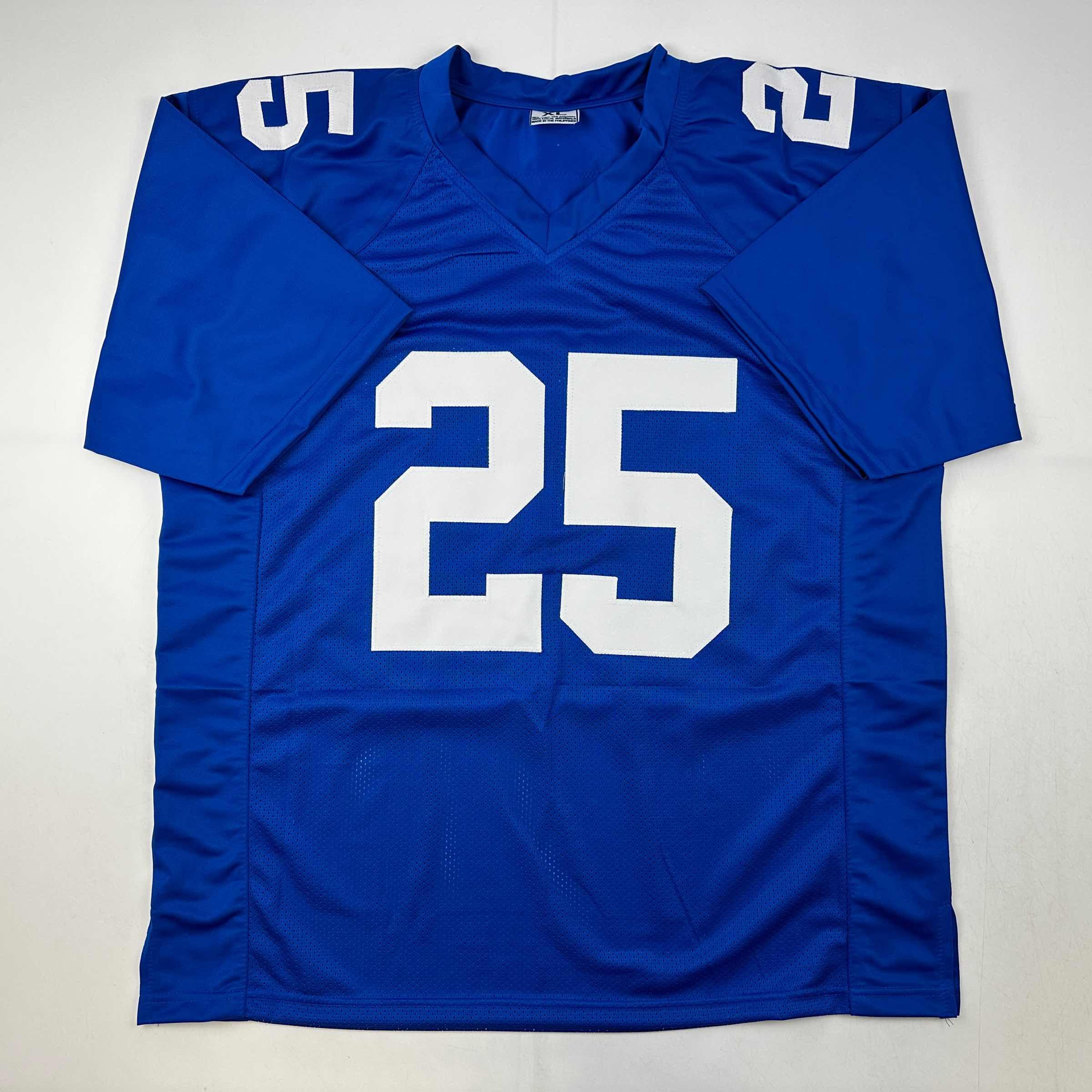 Autographed/Signed Deonte Banks New York Blue Football Jersey Beckett BAS COA
