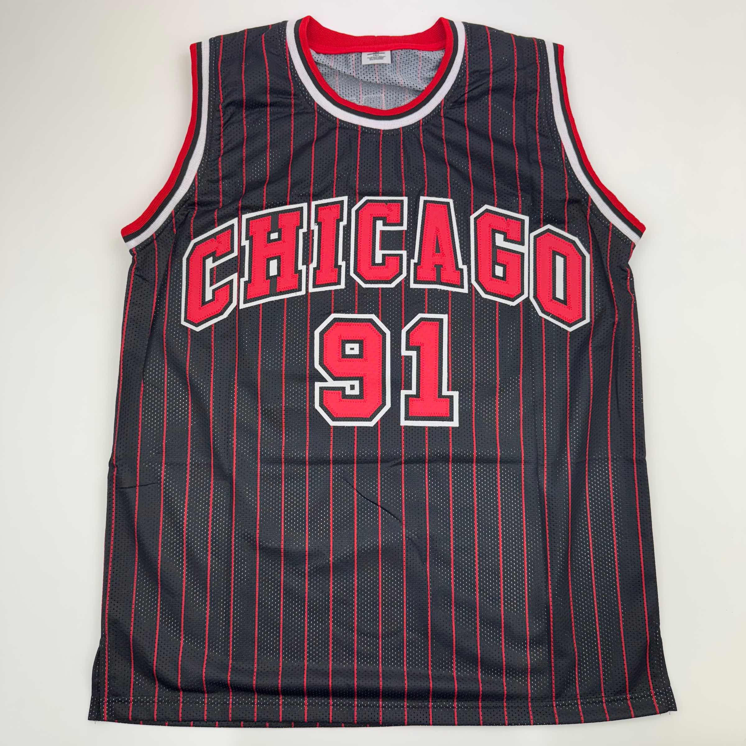 Autographed/Signed Dennis Rodman Chicago Pinstripe Basketball Jersey Beckett BAS COA