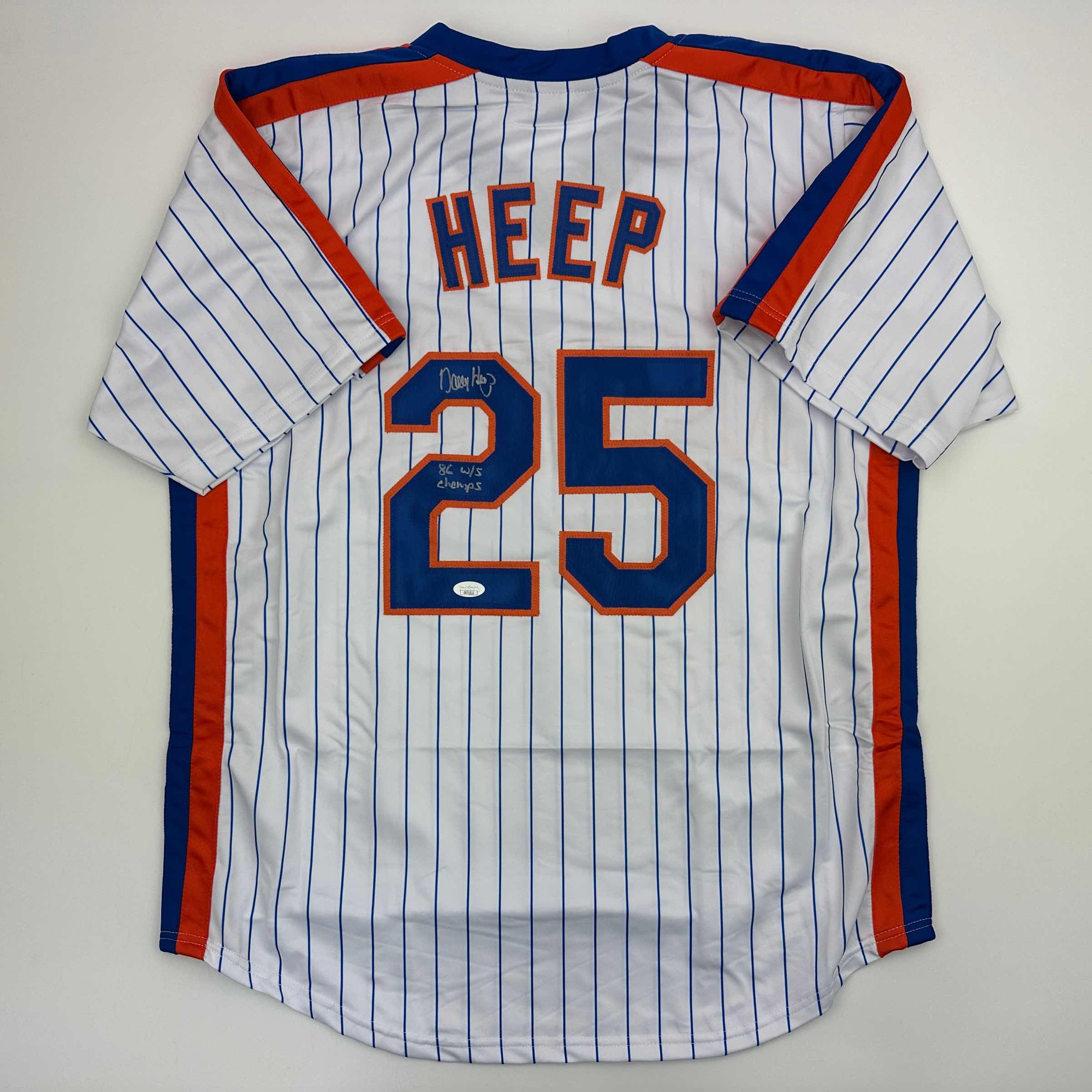 Autographed/Signed Danny Heep 86 WS Champs New York Pinstripe Baseball Jersey JSA COA