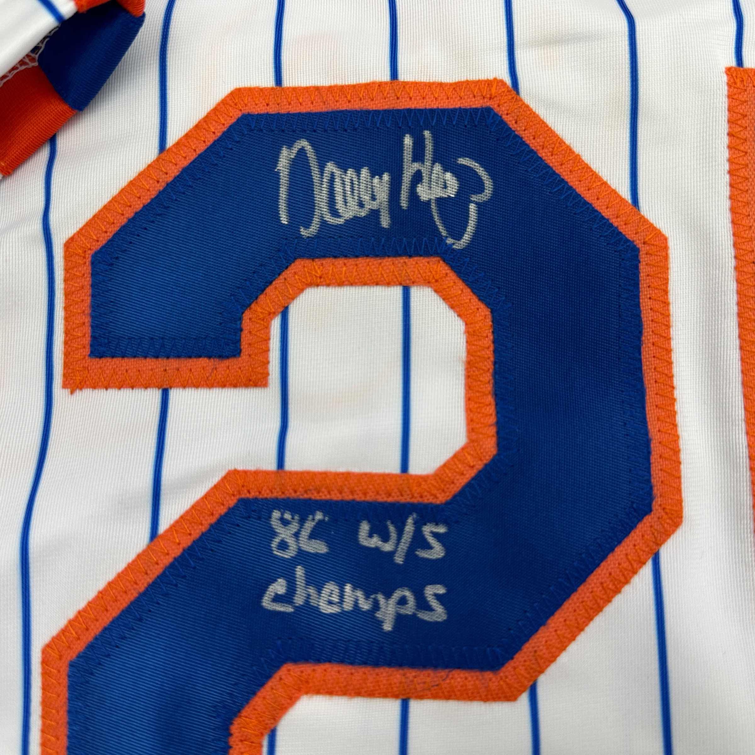 Autographed/Signed Danny Heep 86 WS Champs New York Pinstripe Baseball Jersey JSA COA