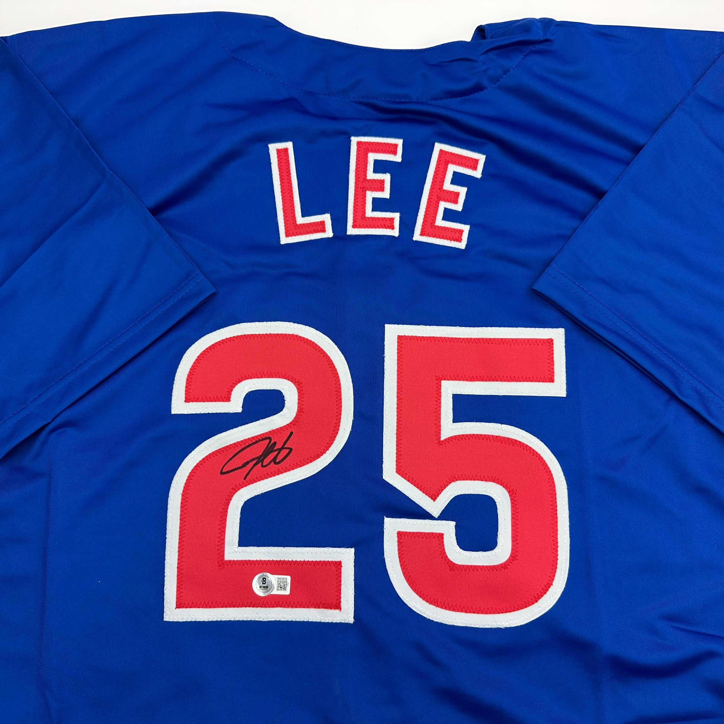 Autographed/Signed Derrek Lee Chicago Blue Baseball Jersey Beckett BAS COA