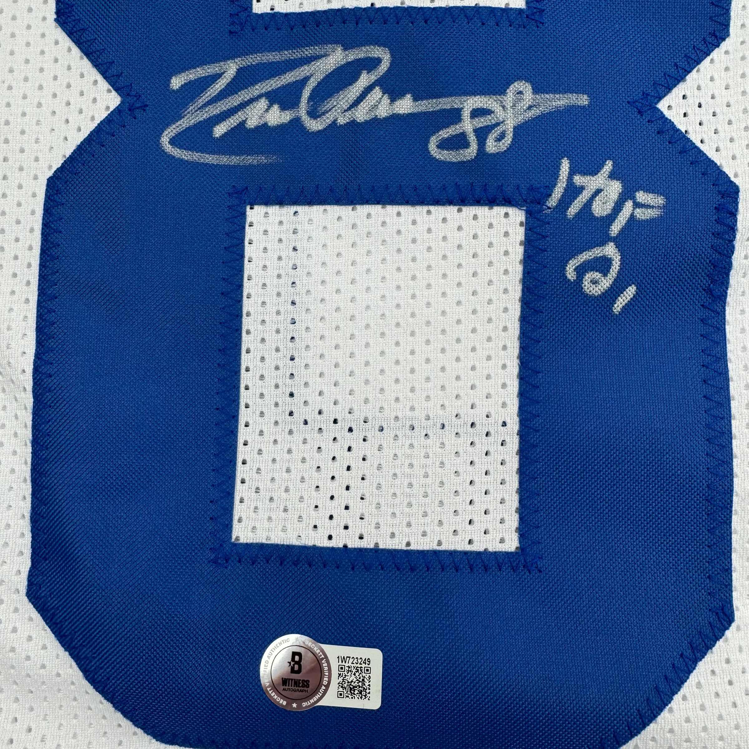 Autographed/Signed Drew Pearson HOF 21 Dallas White Football Jersey Beckett BAS COA