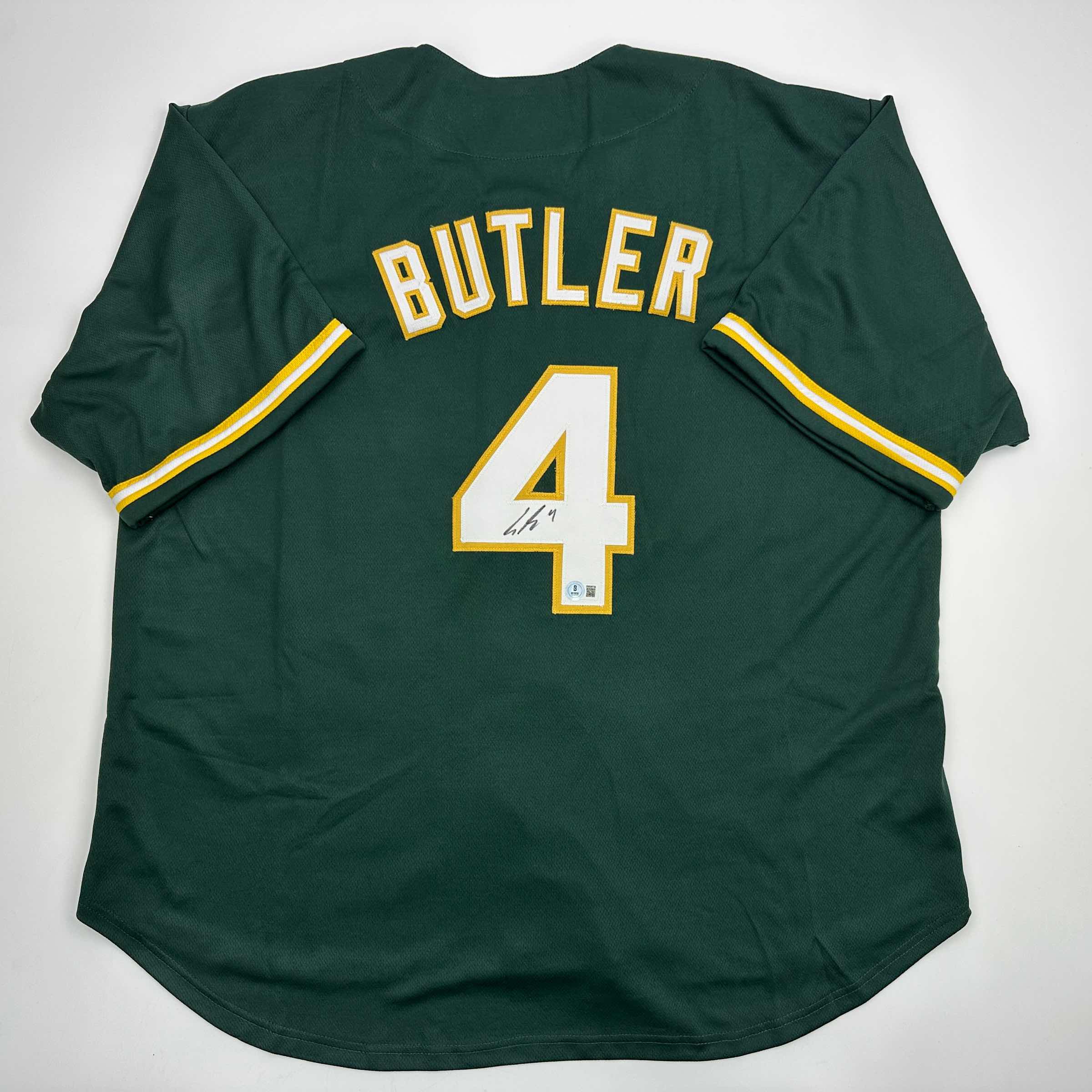 Autographed/Signed Lawrence Butler Oakland Green Baseball Jersey Beckett BAS COA