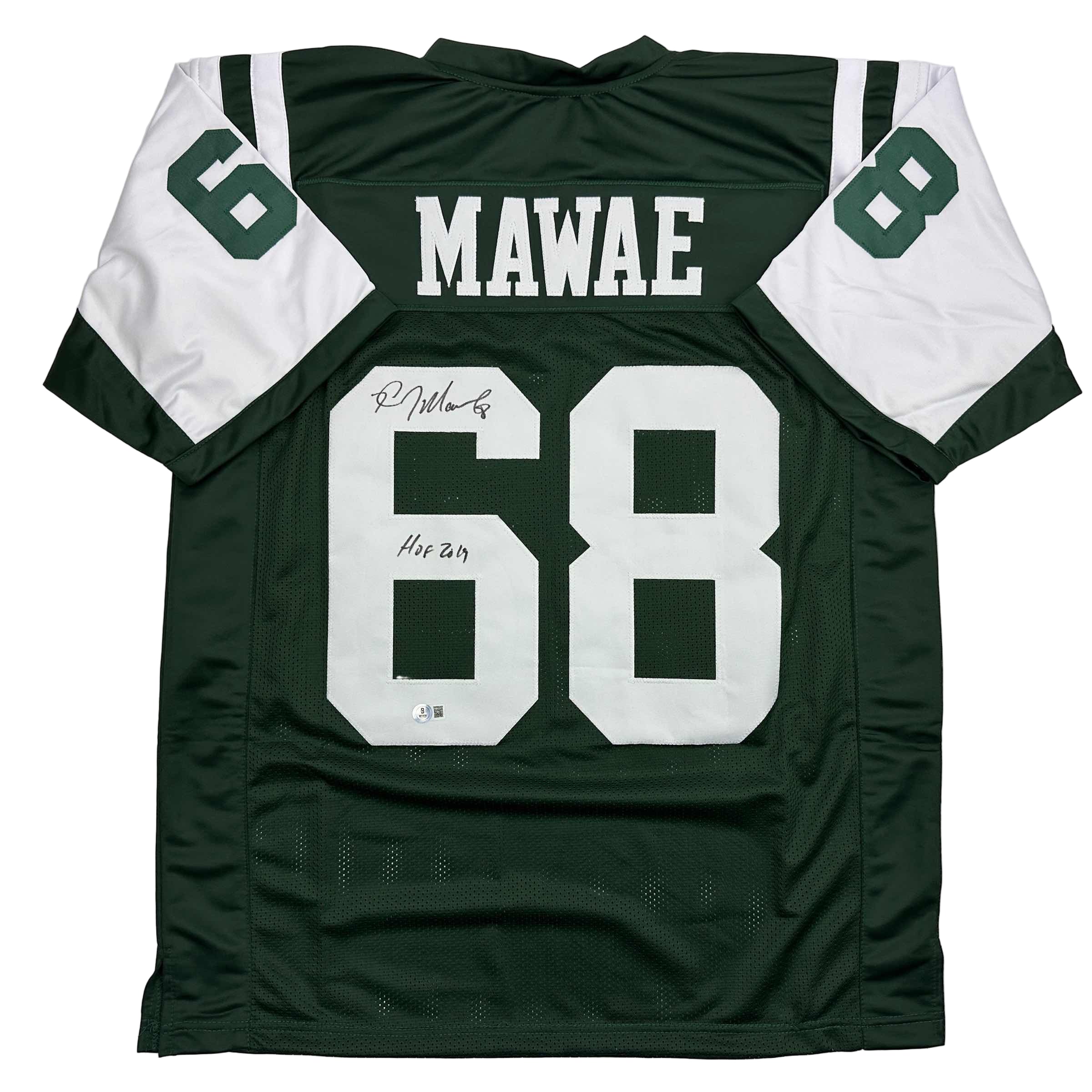 Autographed/Signed Kevin Mawae HOF 2019 New York Green Football Jersey Beckett BAS COA