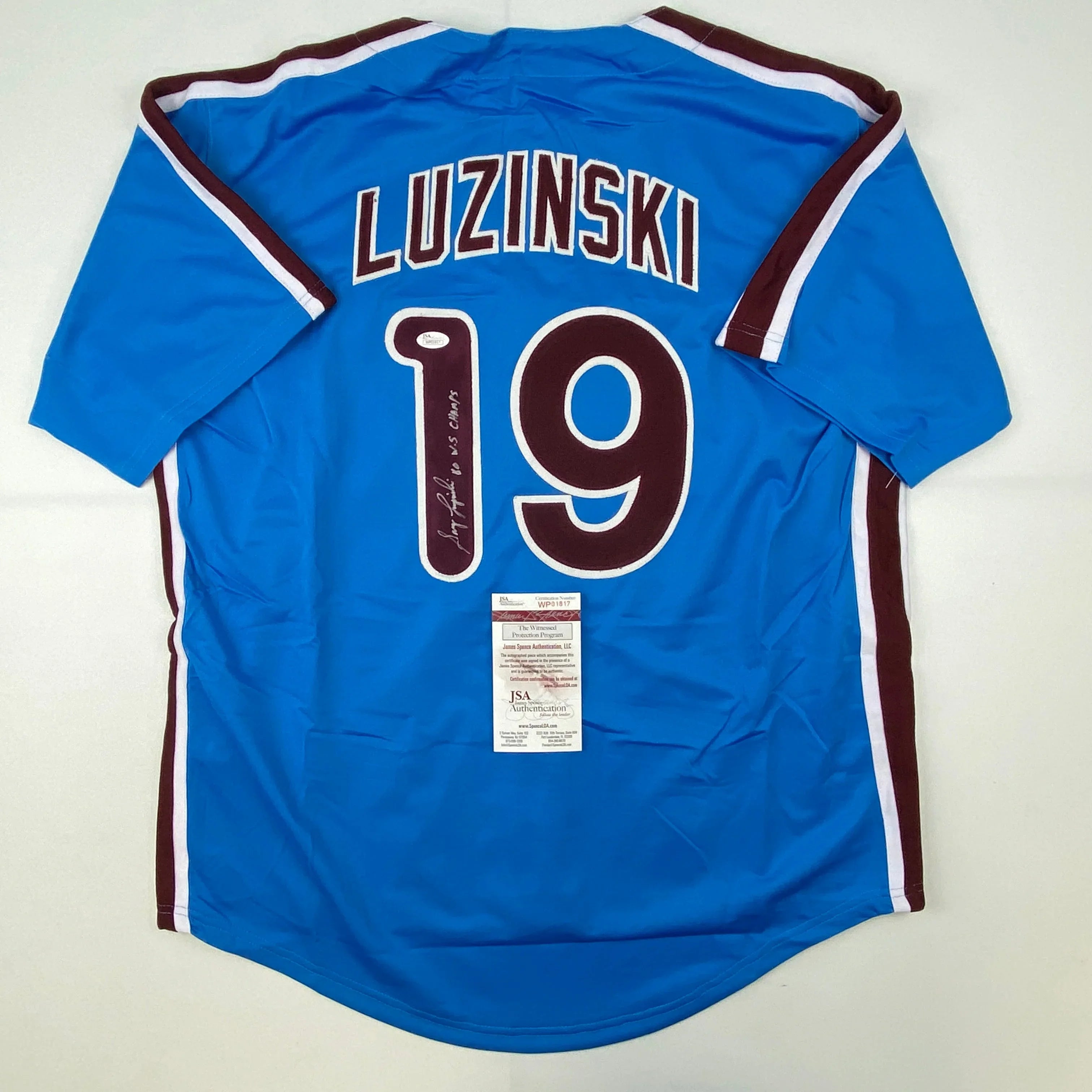 Autographed/Signed Greg Luzinski 80 WS Champs Philadelphia Retro Blue Baseball Jersey JSA COA