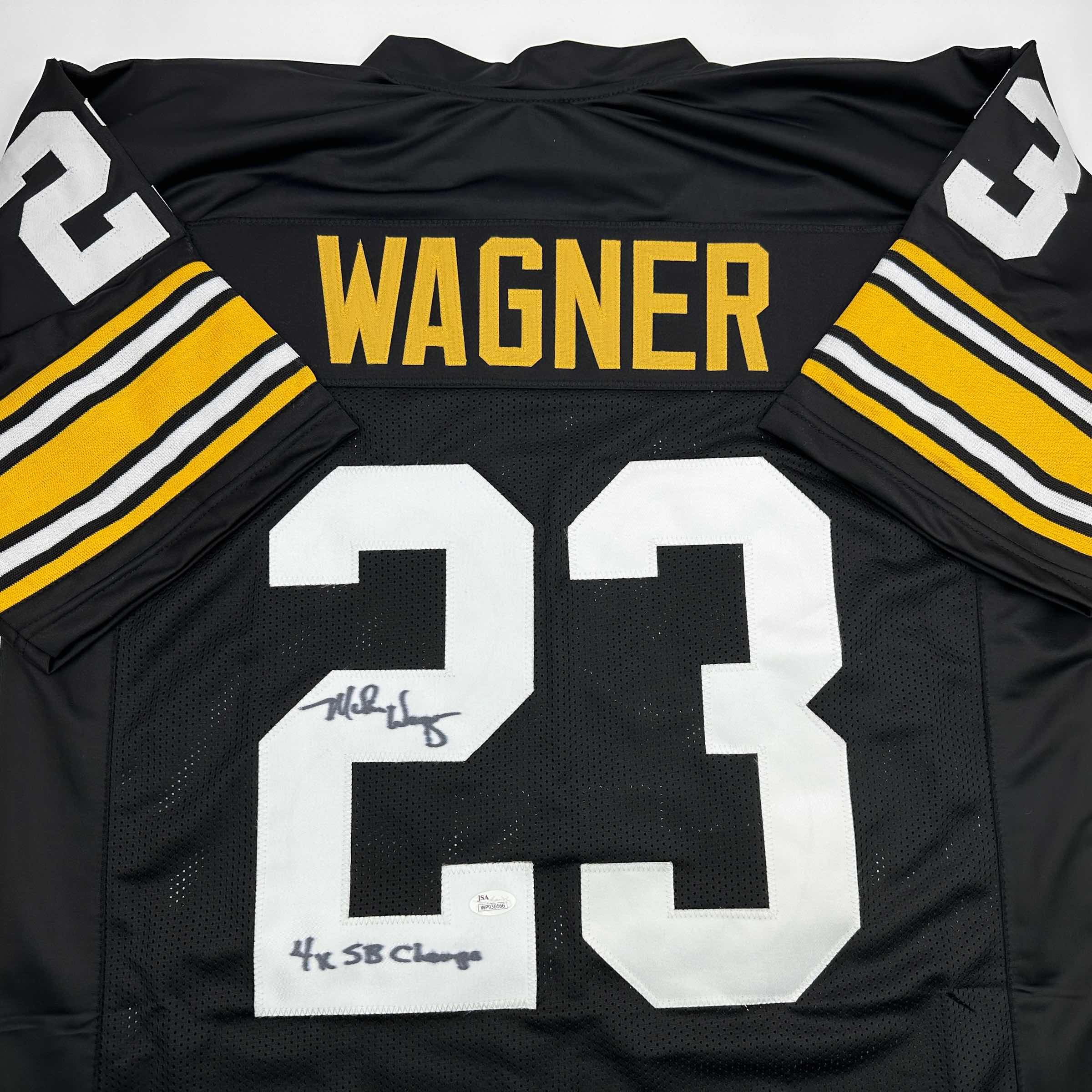 Autographed/Signed Mike Wagner 4x SB Champ Pittsburgh Black Football Jersey JSA COA