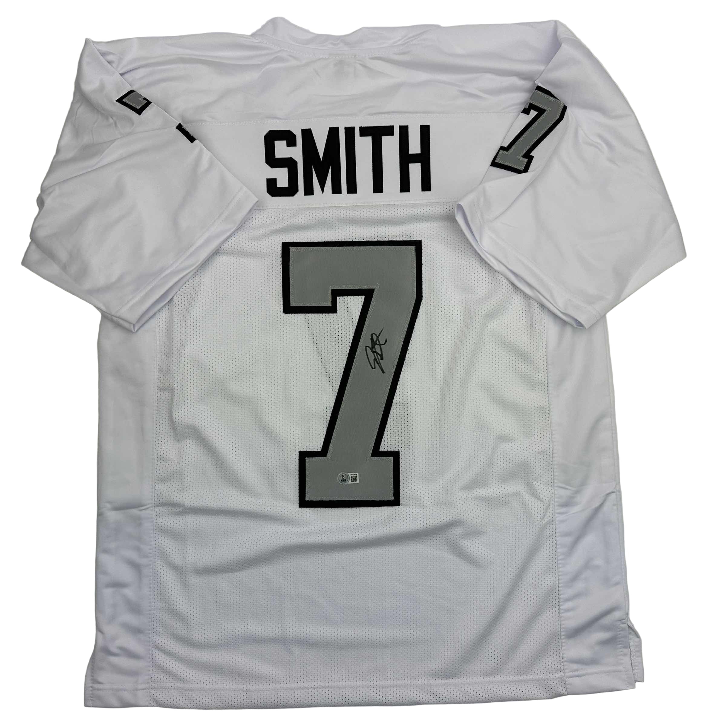 Autographed/Signed Geno Smith Oakland White Color Rush Football Jersey Beckett BAS COA