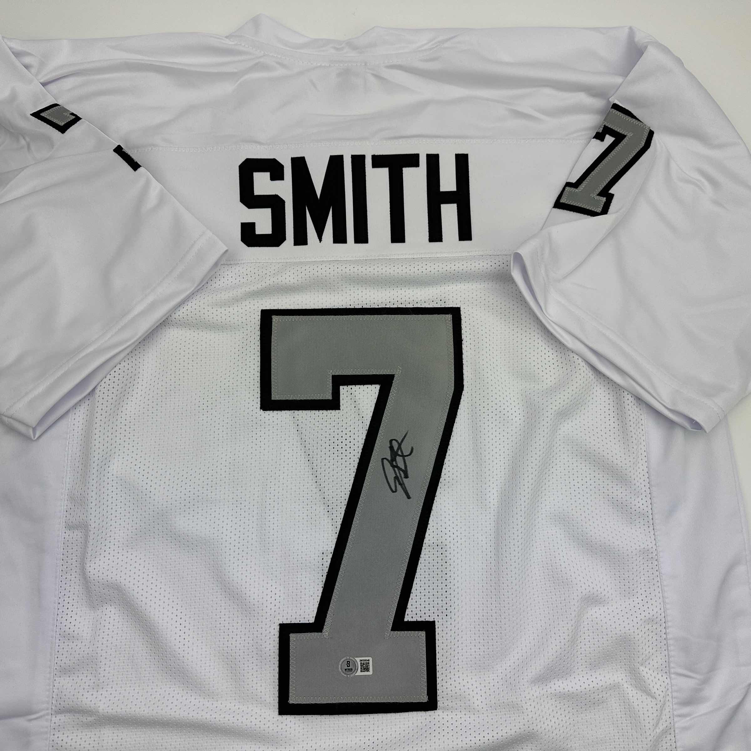Autographed/Signed Geno Smith Oakland White Color Rush Football Jersey Beckett BAS COA