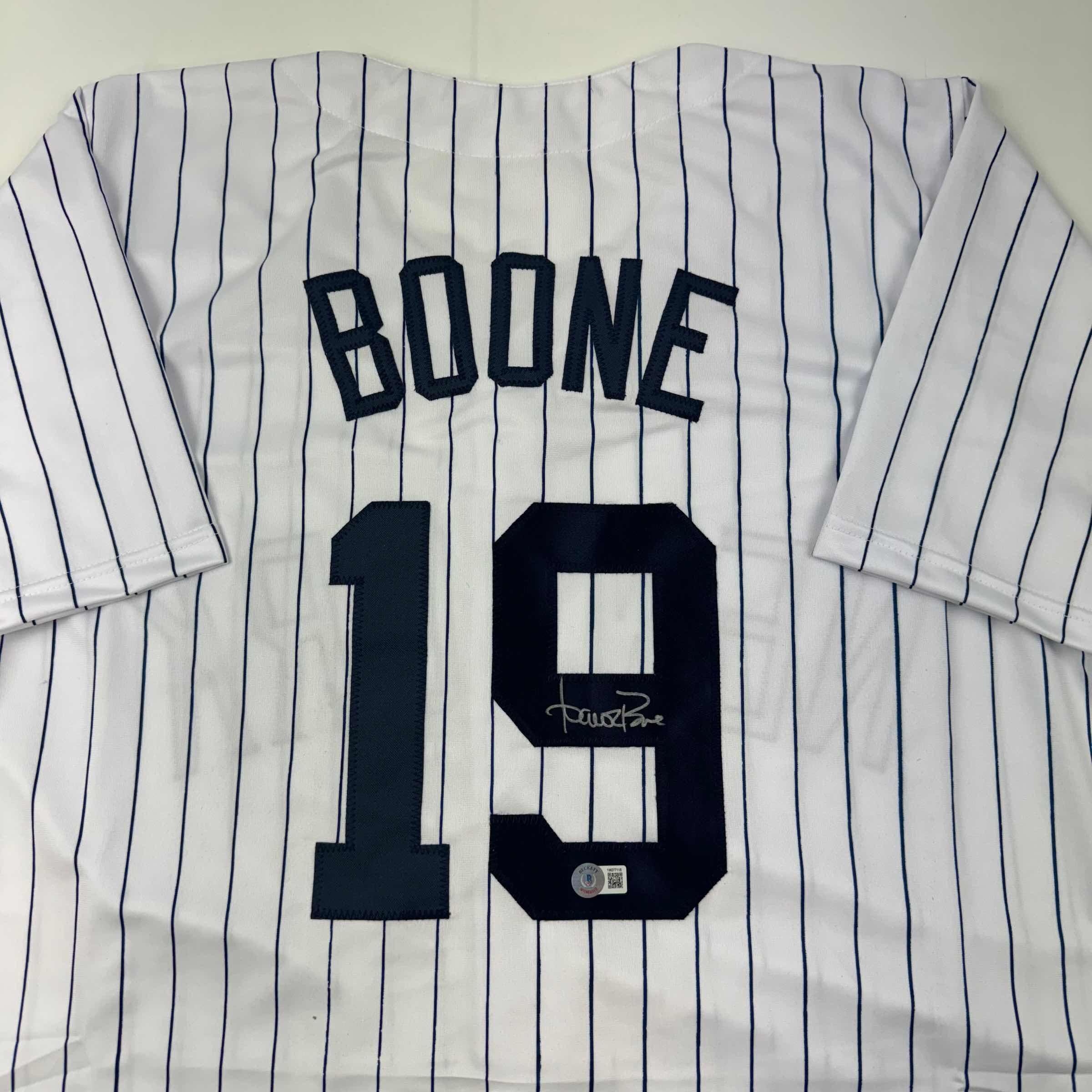 Autographed/Signed Aaron Boone New York Pinstripe Baseball Jersey Beckett BAS COA
